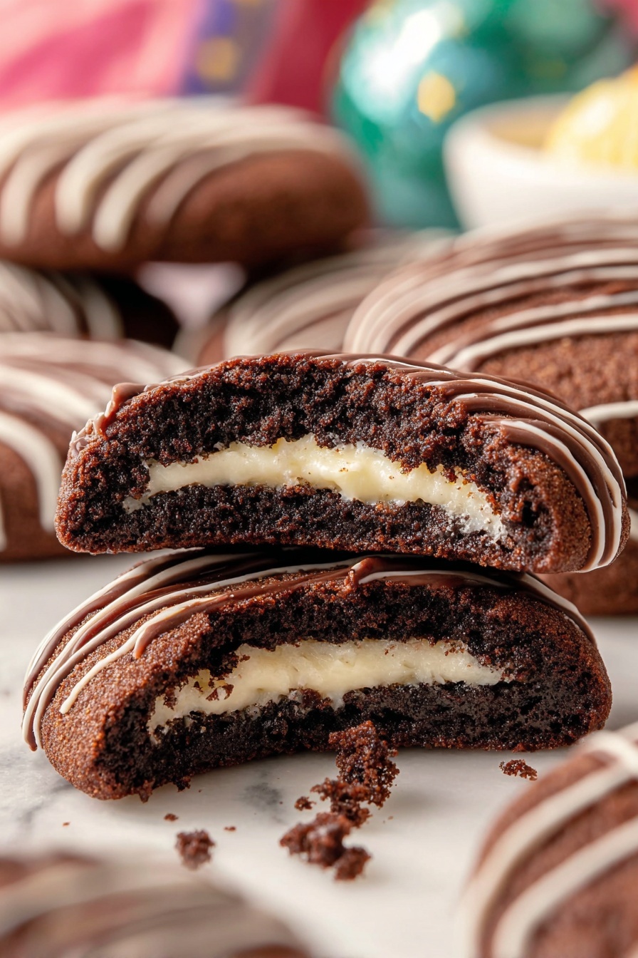 The image shows a close-up of three round chocolate cookies with a smooth, dark brown texture. Each cookie has thin lines of lighter brown chocolate drizzled on top in parallel stripes. One cookie is in the front and has a bite taken out, revealing a white cream filling inside. The cookies sit on a white plate with a slight shine, placed on a colorful cloth with patterns beneath. The background is blurred but follows a white marbled texture. Photo taken with an iphone --ar 2:3 --v 7