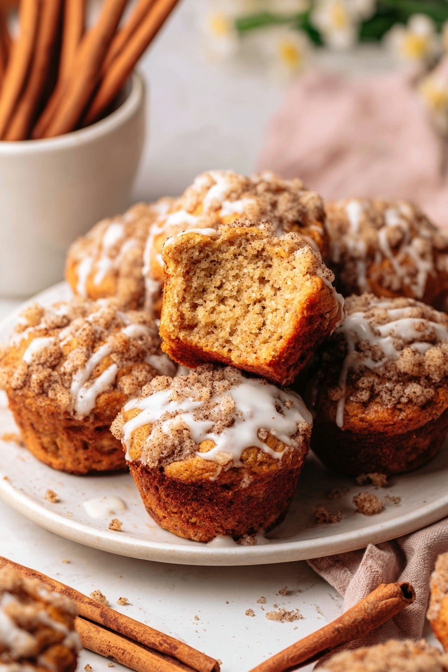 The image shows a white plate full of golden brown muffins with a crumbly, speckled topping, some of which have a white drizzle of icing on top. One muffin is cut in half and placed in the center, showing a soft and moist textured inside with a light brown color. Around the plate are cinnamon sticks lying on the white marbled surface, and in the background, there is a white bowl filled with cinnamon sticks. The whole scene has a cozy and warm feel, with a soft focus on the background and bright natural lighting, photo taken with an iphone --ar 2:3 --v 7