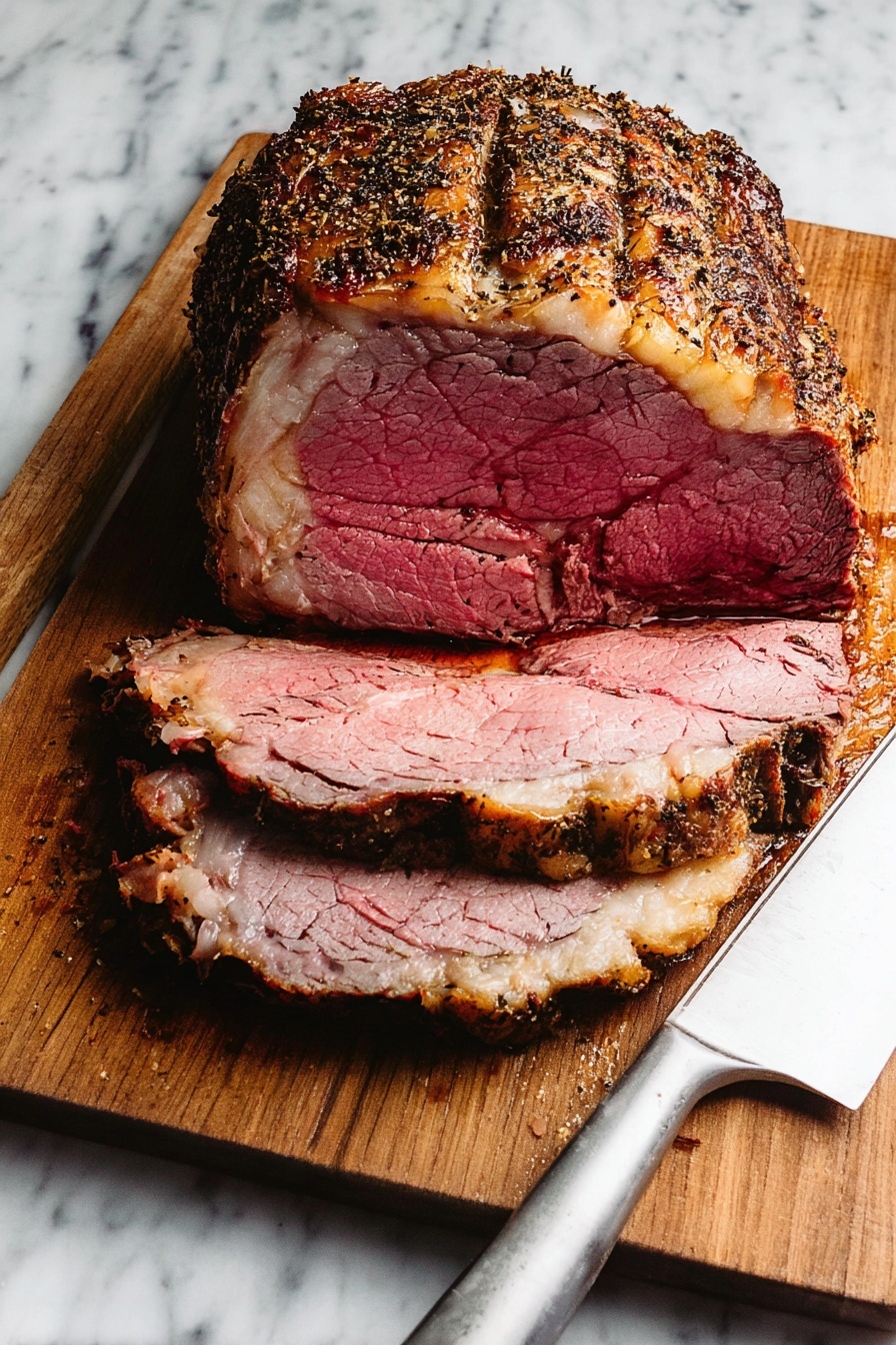 A large, round roast with a dark, crispy, and textured crust sits in the center of a white pan filled with caramelized, golden brown onion slices layered around its base. The roast's surface is shiny with glistening oil and small bits of seasoning, giving a rich and savory look. The pan rests on a white marbled surface with sprigs of fresh green rosemary and thyme placed nearby. A white cloth is casually folded beside the pan, adding a soft contrast to the hearty roast. photo taken with an iphone --ar 2:3 --v 7