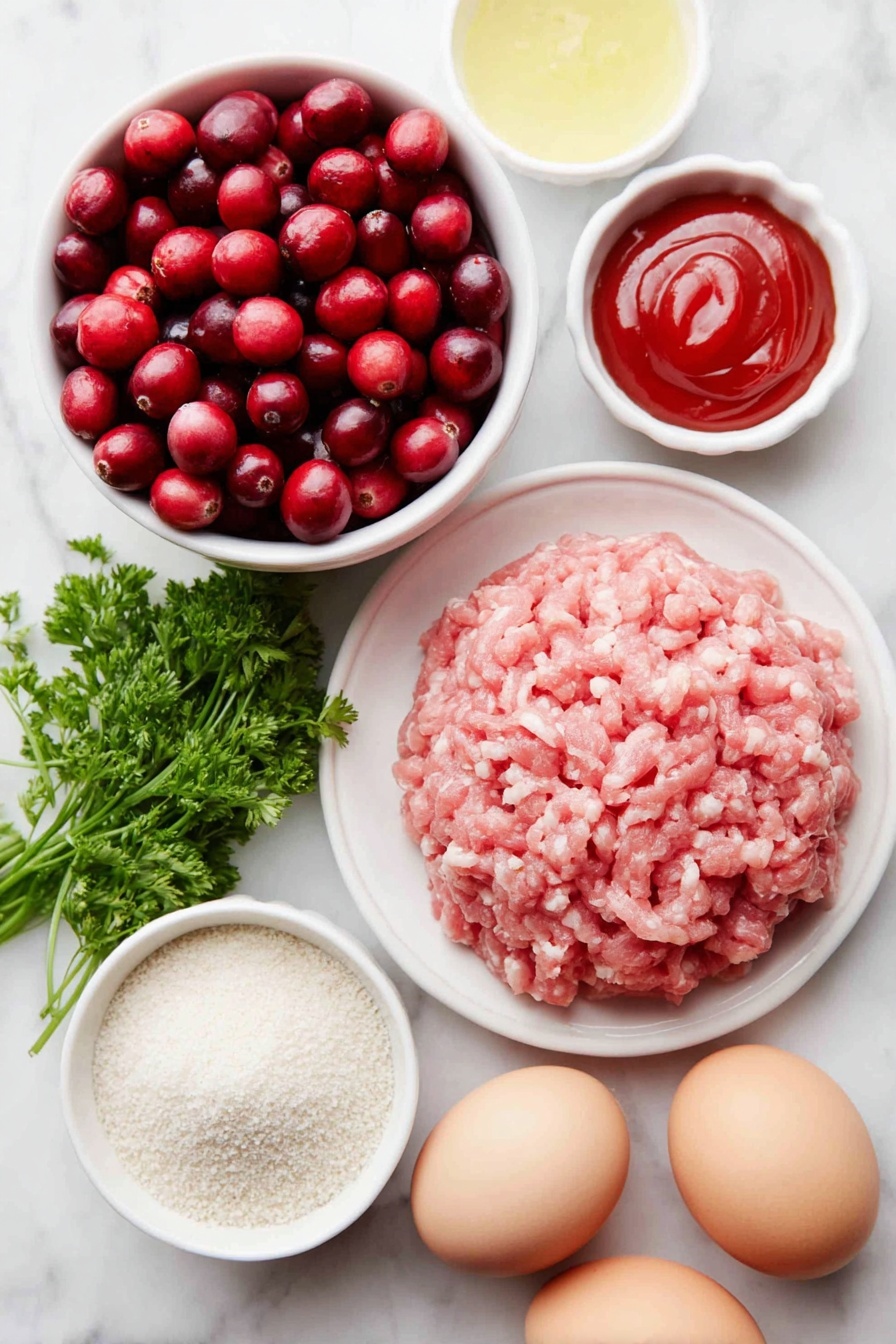 Flat lay of a small white ceramic bowl filled with whole fresh cranberries, a small white ceramic bowl containing bright red ketchup, a small white ceramic bowl with packed brown sugar, a small white ceramic bowl holding freshly squeezed lemon juice, a few sprigs of fresh chopped parsley on a white ceramic plate, two large whole uncracked brown eggs, a small white ceramic bowl of fine light panko breadcrumbs, half a small peeled onion finely grated, a neat mound of raw extra-lean ground pork shaped naturally on a white ceramic dish, arranged with perfect symmetry and realistic proportions, placed on a clean white marble surface, soft natural light, photo taken with an iPhone, professional food photography style, fresh ingredients, white ceramic bowls, no bottles, no duplicates, no utensils, no packaging --ar 2:3 --v 7 --p m7354615311229779997