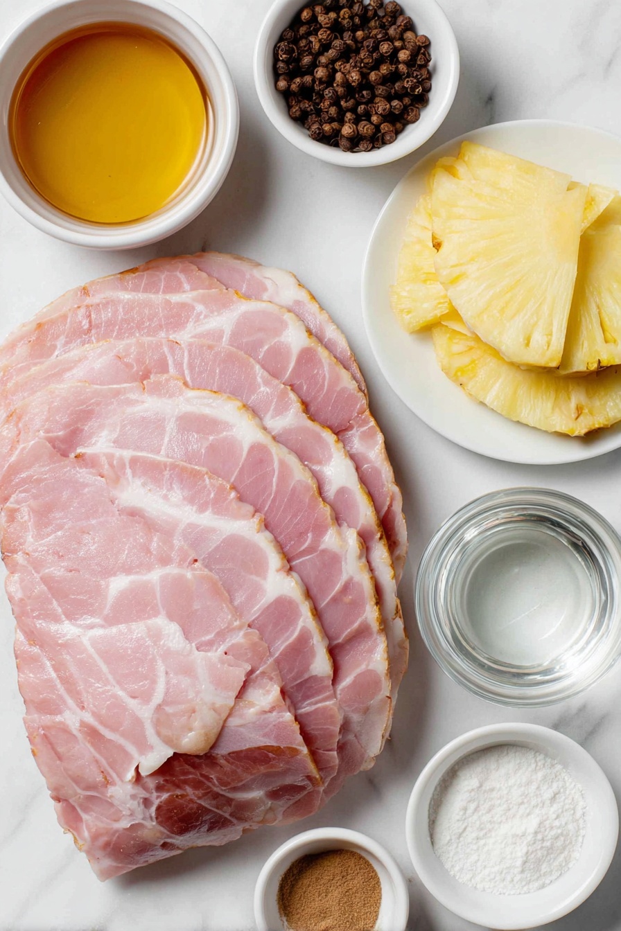 Flat lay of a large raw bone-in spiral-sliced ham with a light pink color and visible scoring, a small stack of fresh golden pineapple slices arranged neatly on a simple white ceramic plate, a small white bowl filled with golden honey, another small white bowl containing dark brown sugar crystals, a third small white bowl holding warm cinnamon powder, a tiny white bowl with whole brown cloves, a small white bowl with white cornstarch powder, and a separate small white bowl of clear water, all ingredients fresh and natural, placed on a clean white marble surface, soft natural light, photo taken with an iPhone, professional food photography style, fresh ingredients, white ceramic bowls, no bottles, no duplicates, no utensils, no packaging --ar 2:3 --v 7 --p m7354615311229779997