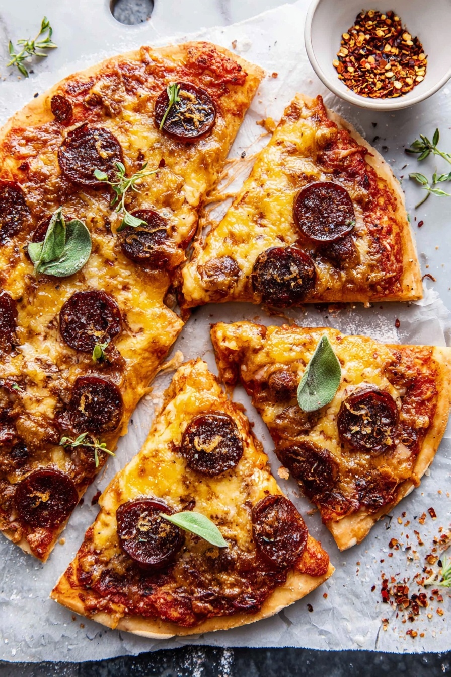 The image shows several slices of pepperoni pizza on a white marbled surface, with melted cheese stretched between the separated slices. The pizza has a thin crust base that is golden brown around the edges. On top of the crust is a layer of chunky red tomato sauce with patches of melted creamy white and orange-yellow cheese spread unevenly. Round, dark reddish-brown pepperoni slices are scattered on top, some slightly curled and crisp on the edges. Small green herb leaves are placed on the pizza, adding a fresh contrast. The surface of the pizza is sprinkled with coarse grated cheese or seasoning that looks like parmesan or garlic bits. The overall look is hot, cheesy, and inviting. photo taken with an iphone --ar 2:3 --v 7