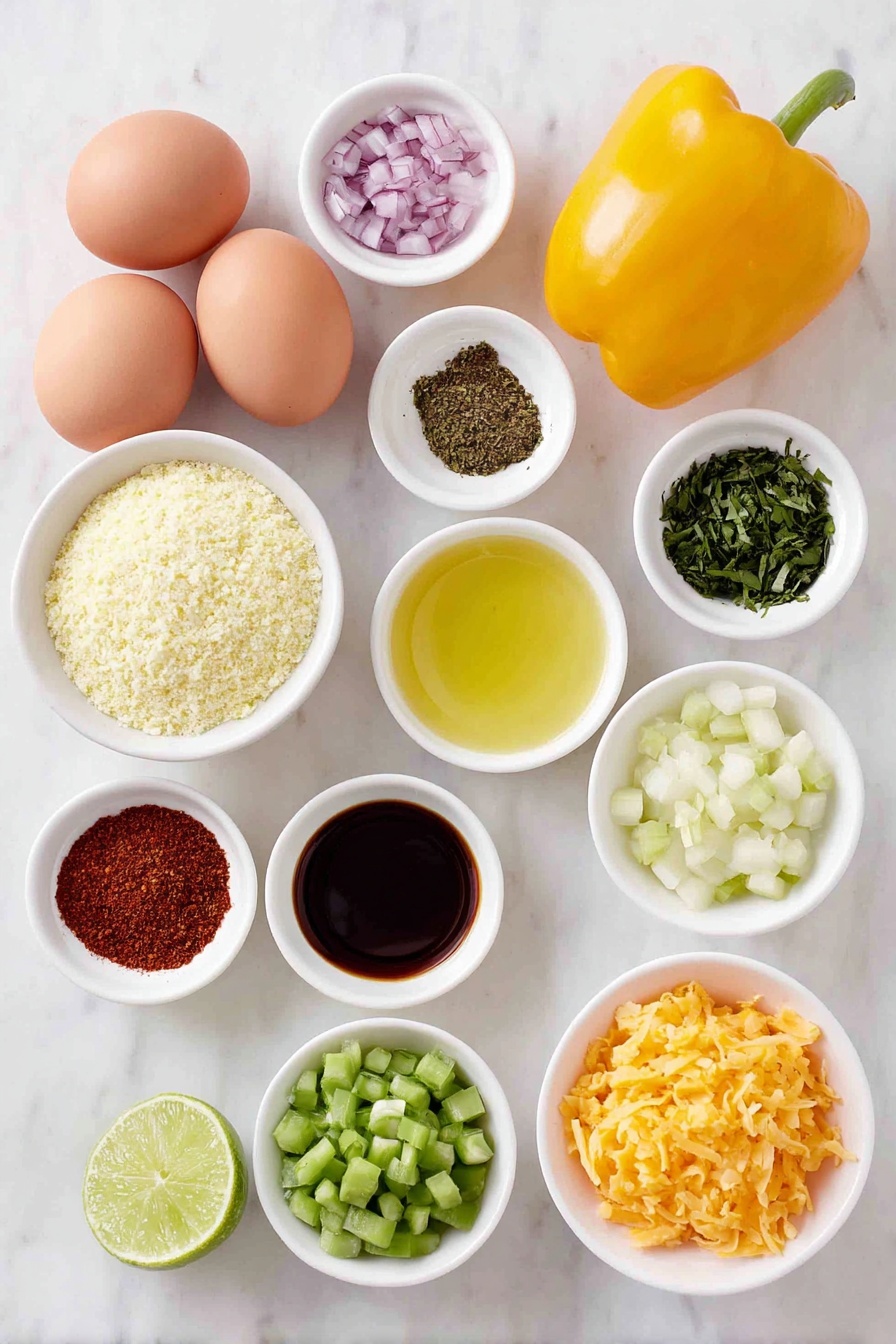 Flat lay of two whole uncracked brown eggs, a small white ceramic bowl of plain panko breadcrumbs, a small white ceramic bowl of fresh chopped basil leaves, a small white ceramic bowl with dried basil leaves, a small white ceramic bowl of ground allspice powder, a small white ceramic bowl of smoked paprika powder, a small white ceramic bowl with finely diced shallot, a small white ceramic bowl of ginger paste, a small white ceramic bowl of garlic paste, a small white ceramic bowl of kosher salt and fresh ground black pepper, a small white ceramic bowl of olive oil, a whole red bell pepper sliced into strips, a whole yellow bell pepper sliced into strips, half a medium yellow onion sliced into half moons, a small white ceramic bowl of packed dark brown sugar, a small white ceramic bowl of red curry paste, a small white ceramic bowl of full-fat coconut milk, a small white ceramic bowl of chicken broth, a small white ceramic bowl of fish sauce, a small white ceramic bowl of fresh lime juice, fresh lime wedges, a small white ceramic bowl of trimmed green beans, fresh chopped scallions, fresh chopped cilantro, and a simple bowl of cooked jasmine rice, all arranged in perfect symmetry on a clean white marble surface, soft natural light, photo taken with an iPhone, professional food photography style, fresh ingredients, white ceramic bowls, no bottles, no duplicates, no utensils, no packaging --ar 2:3 --v 7 --p m7354615311229779997