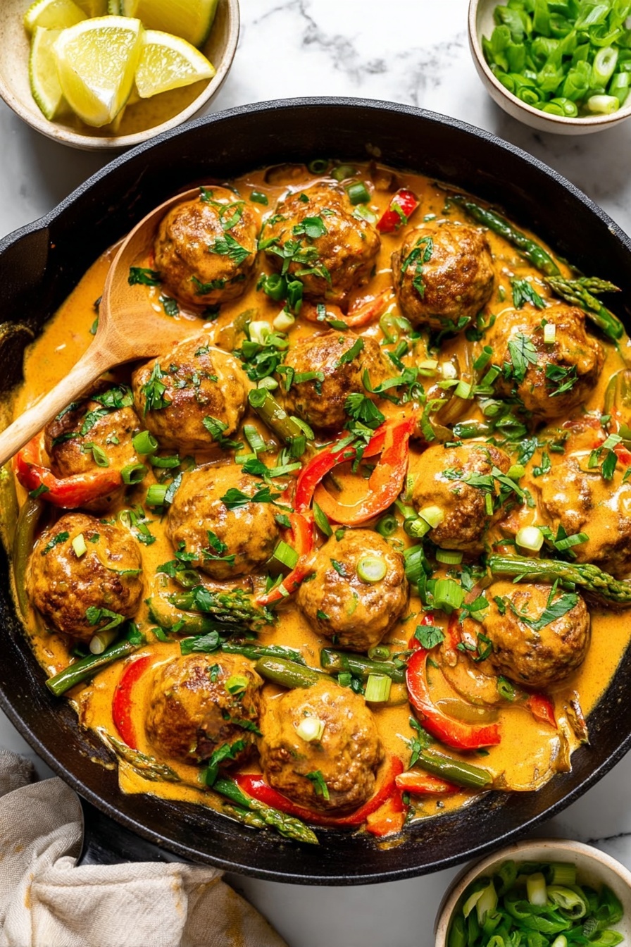 Two white bowls are filled with a colorful meal placed on a white marbled surface. Each bowl has a base layer of white rice topped with a second layer of round, light brown meatballs covered in orange sauce. Mixed with the meatballs are thin slices of red and orange bell peppers and green beans, adding bright colors. Both bowls are garnished with chopped green herbs and sliced green onions scattered over the top. Each bowl shows a wedge of lime resting on the edge of the rice, and a fork with a wooden handle is placed inside each bowl. Around the bowls are small dishes, one with lime wedges, one with chopped green herbs, and one with sliced green onions. A white plate with flatbread pieces is partially visible on the top left corner. The photo taken with an iphone --ar 2:3 --v 7