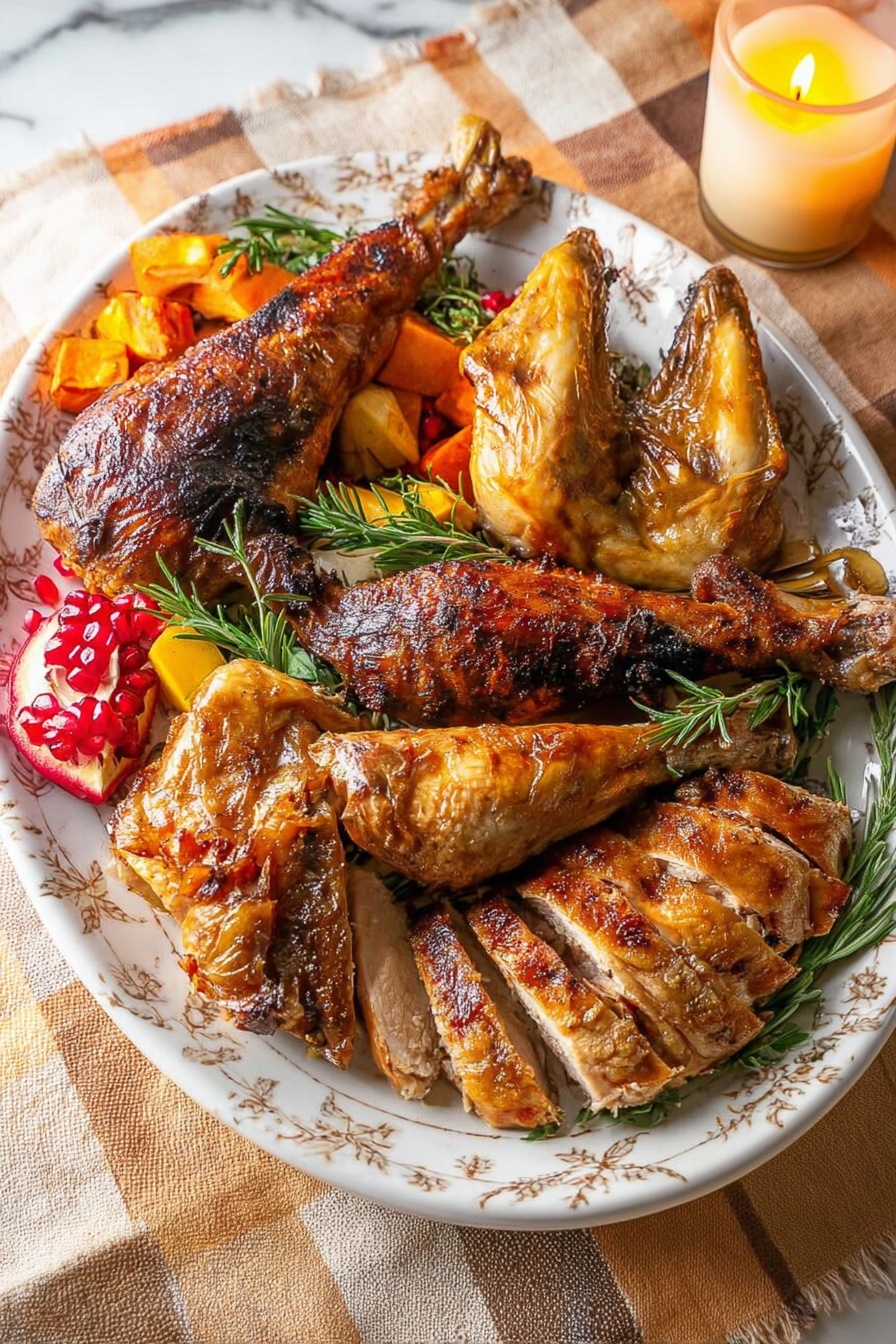 A large white plate with a detailed floral pattern holds a roasted turkey feast. There are two dark golden-brown roasted turkey legs positioned on the left side, showing a crispy and textured skin. Two turkey wings, golden and shiny, rest near the legs, one near the top center and one on the bottom left. Sliced roasted turkey pieces with a darker, crisp skin are arranged on the right side, showing moist meat inside. In the center of the plate are roasted vegetable pieces in orange and yellow tones, along with some bright green rosemary sprigs adding fresh contrast. Red pomegranate seeds peek out near the turkey legs, along with a small wedge of bright red fruit at the bottom left. The plate is set on a beige and brown checkered cloth over a white marbled surface, and a lit candle is visible in the upper right corner. Photo taken with an iphone --ar 2:3 --v 7