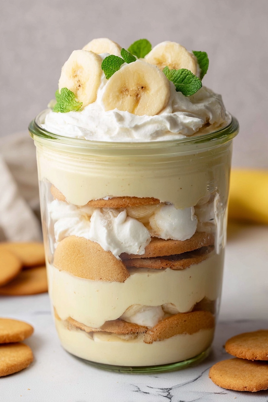 A clear glass jar holds a layered banana pudding dessert with five visible layers. Starting from the bottom, there is a light creamy layer, followed by a layer of golden vanilla wafer cookies and thin banana slices. Above that is another thick, smooth cream layer, then another wafer cookie layer with a few banana slices peeking through. The top layer is a fluffy whipped cream with whole wafer cookies placed around the edge and banana slices with small green mint leaves on top. The jar is set on a white marbled surface with more wafer cookies scattered around, and a glass bottle of milk blurred in the background. photo taken with an iphone --ar 2:3 --v 7