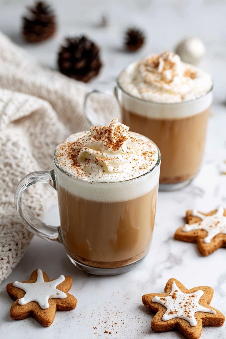 Two clear glass mugs filled with light brown coffee topped with thick white whipped cream sprinkled with cinnamon powder sit on a white marbled surface. Each mug has three visible layers: a bottom layer of coffee, a thick middle layer of frothy milk, and a fluffy top layer of whipped cream with the cinnamon dust. Around the mugs are brown star-shaped cookies with white icing in simple patterns and dark brown pinecones scattered on the surface. A white textured cloth with cinnamon specks adds softness to the scene. Photo taken with an iphone --ar 2:3 --v 7