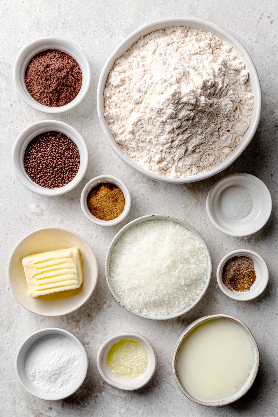 Flat lay of a small mound of whole wheat flour, a small mound of oat flour, a small pile of coconut sugar, a white ceramic bowl with baking powder powder, a pinch of baking soda in a white ceramic bowl, a small white ceramic bowl with ground ginger, a small white ceramic bowl with cinnamon, a small white ceramic bowl with allspice, a small white ceramic bowl with nutmeg, a small white ceramic bowl with ground cloves, a small white ceramic bowl with salt, a thin strip of orange zest, a simple white ceramic bowl filled with creamy dairy-free milk, a small white ceramic bowl with melted coconut oil, a small white ceramic bowl with smooth applesauce, a small white ceramic bowl with vanilla extract, a small white ceramic bowl with solid coconut cream, a small white ceramic bowl with powdered sugar, a small white ceramic bowl with vanilla extract, and a handful of fresh coconut flakes, all arranged symmetrically and naturally placed on a clean white marble surface, soft natural light, photo taken with an iPhone, professional food photography style, fresh ingredients, white ceramic bowls, no bottles, no duplicates, no utensils, no packaging --ar 2:3 --v 7 --p m7354615311229779997