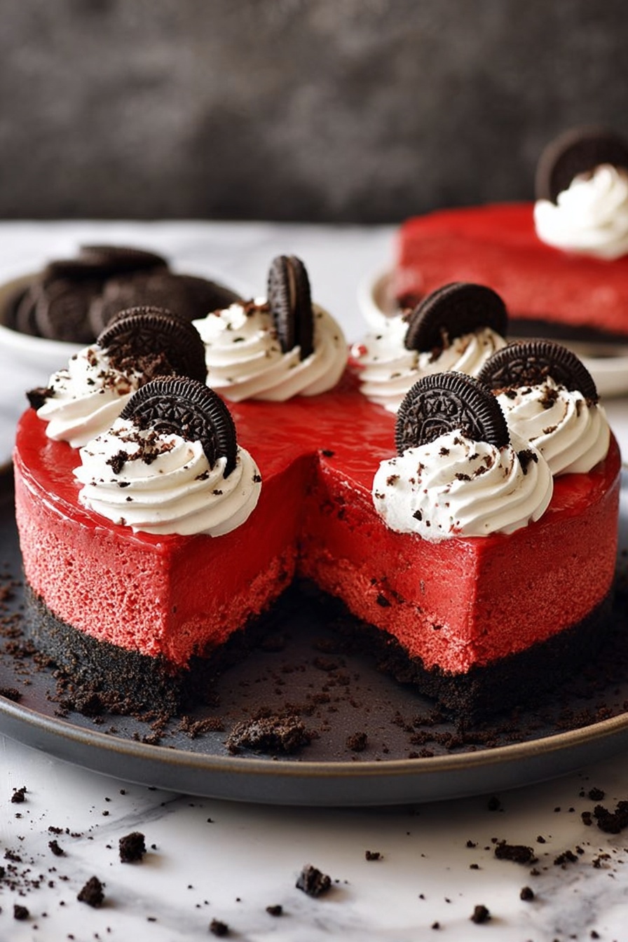 A round red cake with two clear layers: a thick, smooth, bright red middle layer and a thin dark cookie crumb base. The top is decorated with thick white cream swirls arranged evenly around the edge, each topped with a full black and white sandwich cookie standing upright and small bits of crushed cookies sprinkled over the cream. One slice is slightly pulled out, showing the soft texture inside. The cake sits on a dark round plate placed on a white marbled surface with cookie crumbs scattered nearby. Photo taken with an iphone --ar 2:3 --v 7