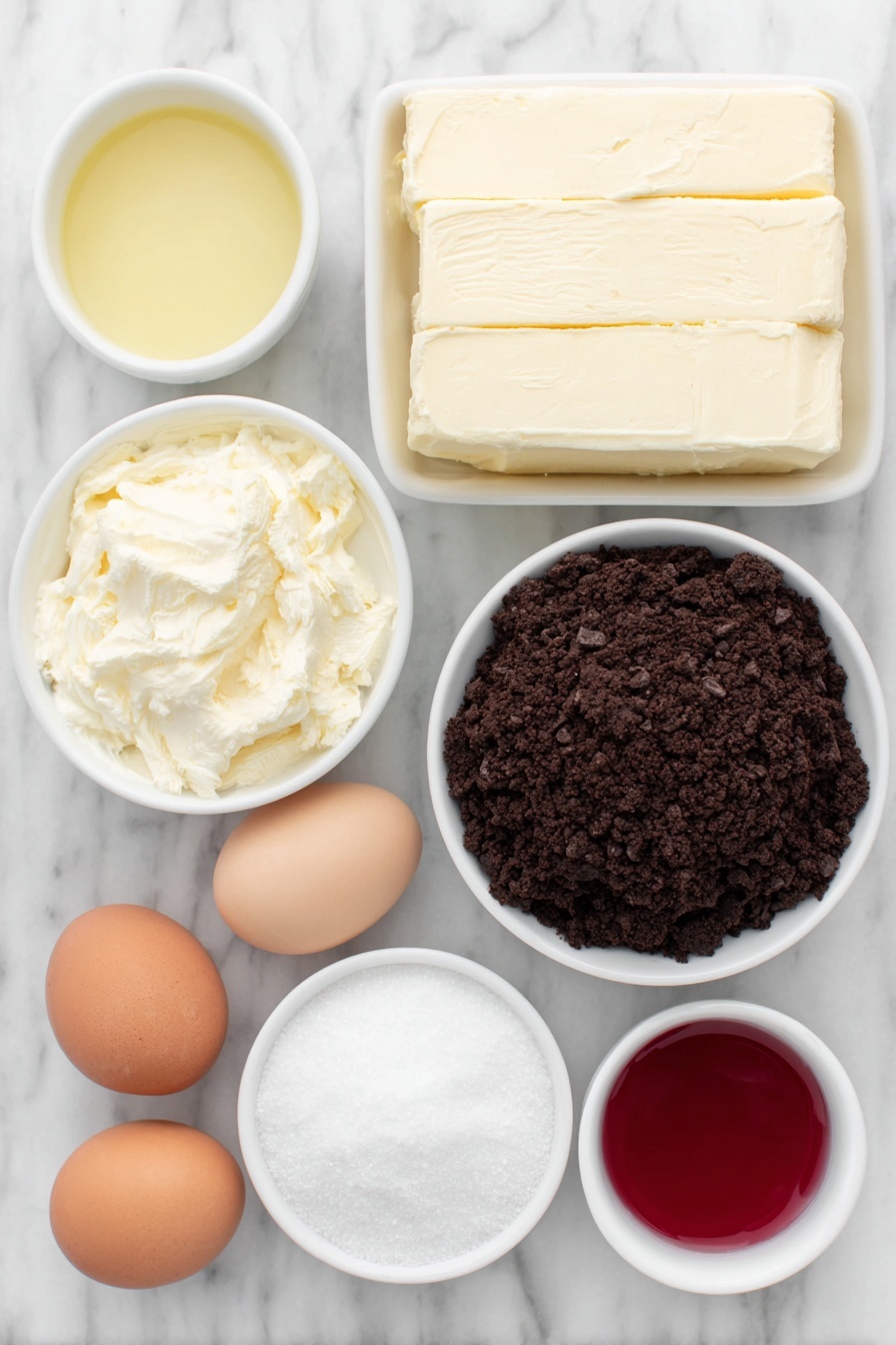 Flat lay of a small mound of chocolate sandwich cookie crumbs, a few tablespoons of melted unsalted butter in a small white bowl, two blocks of smooth full-fat cream cheese, a small white bowl filled with granulated sugar, a small white bowl holding full-fat sour cream, two whole uncracked brown eggs, a small white bowl with unsweetened cocoa powder, a small white bowl containing vibrant liquid red food coloring, and a small white bowl with clear vanilla extract, placed on a clean white marble surface, soft natural light, photo taken with an iPhone, professional food photography style, fresh ingredients, white ceramic bowls, no bottles, no duplicates, no utensils, no packaging --ar 2:3 --v 7 --p m7354615311229779997