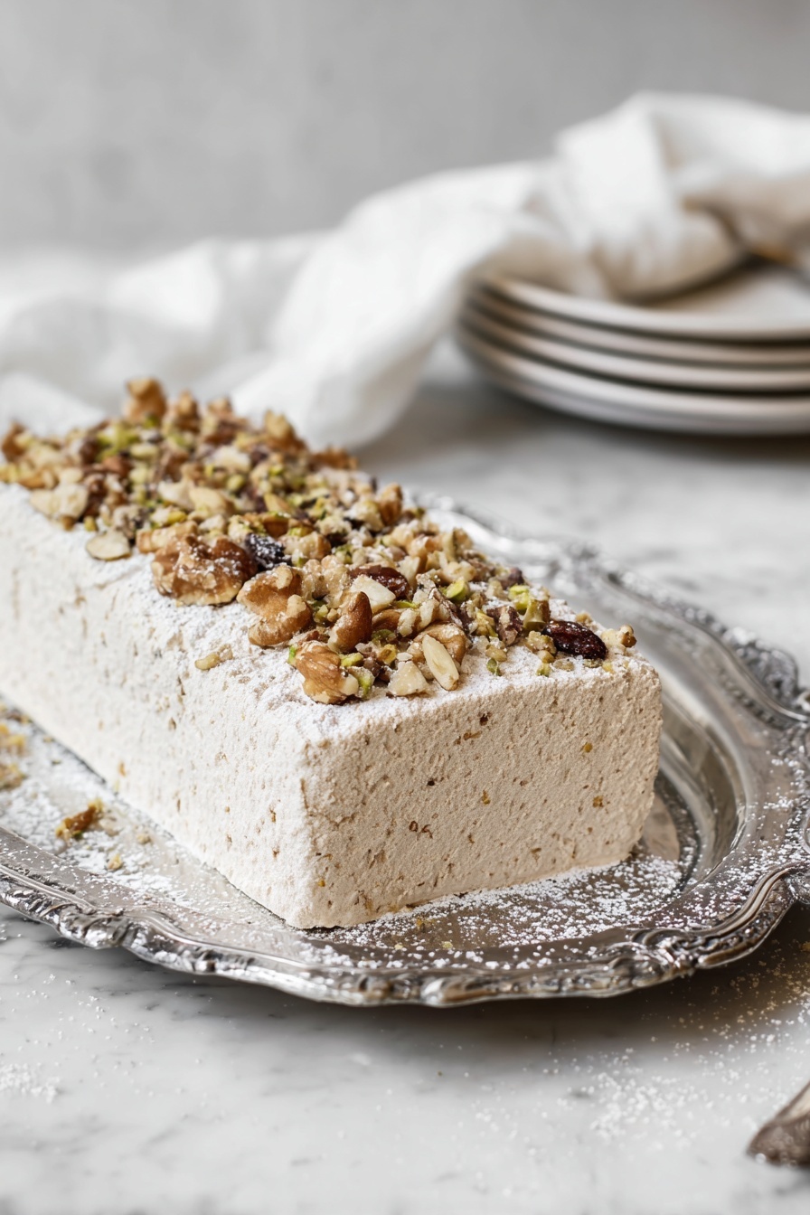 A rectangular light beige cake with a smooth, airy texture sits in the middle of a silver tray with decorative edges, lightly dusted with powdered sugar. The top layer is covered with a mix of chopped nuts and golden raisins, adding a crunchy and shiny look against the soft cake. The tray rests on a white marbled surface, with a blurred stack of white plates and a tea strainer in the background, and a white cloth partially visible on the right side. The overall scene looks soft and natural, with a focus on the cake’s detailed texture and topping, photo taken with an iphone --ar 2:3 --v 7