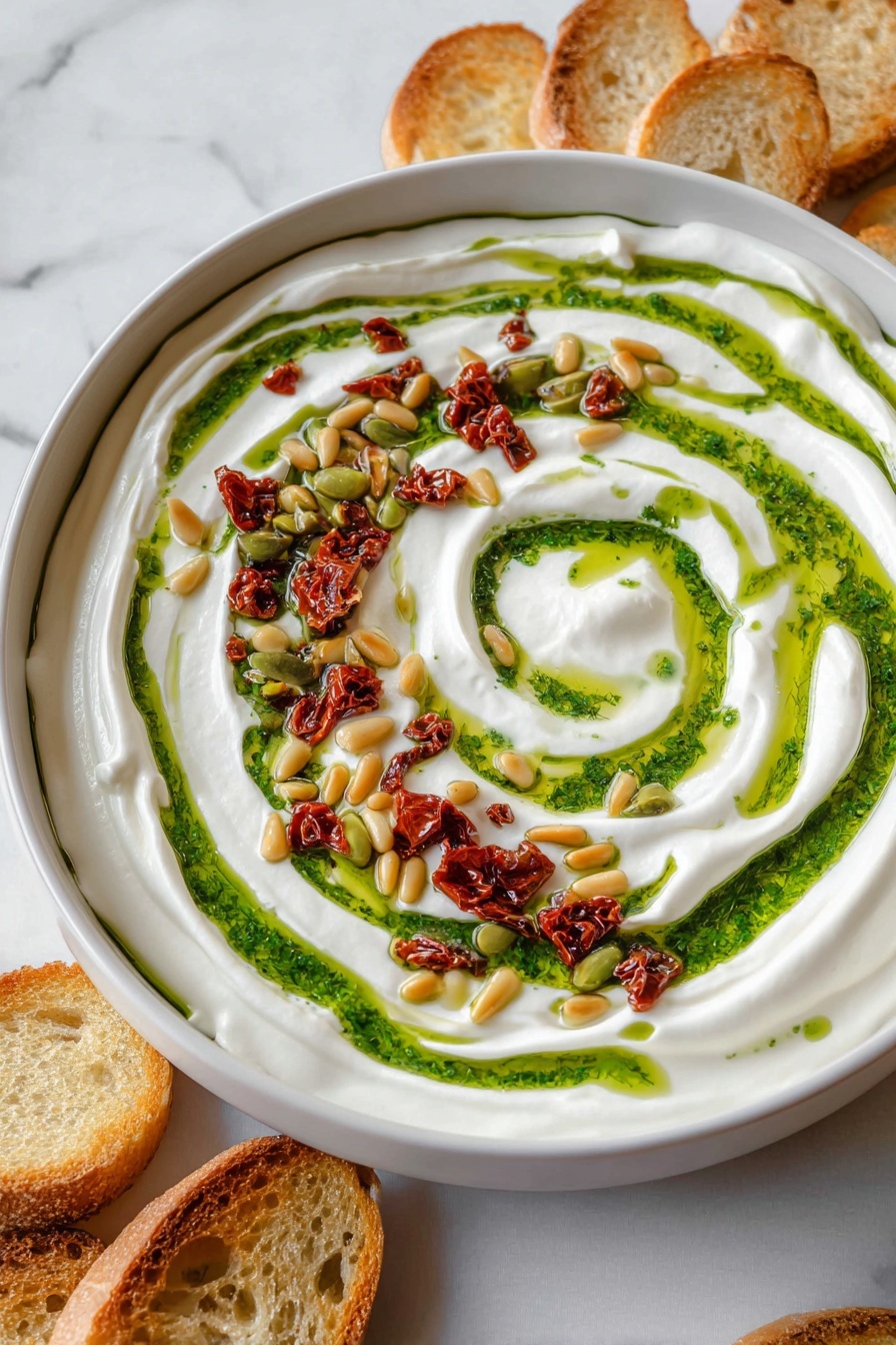 A wide, shallow white bowl filled with a thick layer of smooth, creamy white yogurt spread in a circular pattern. Swirls of bright green herb oil are drizzled on top, following the yogurt’s shape, creating contrasting streaks of green and white. Scattered in a spiral near the center are golden toasted pine nuts and small pieces of red sun-dried tomatoes, adding texture and color contrast. Around the bowl on the white marbled surface lie several thin slices of toasted bread with a golden brown crust. Photo taken with an iphone --ar 2:3 --v 7