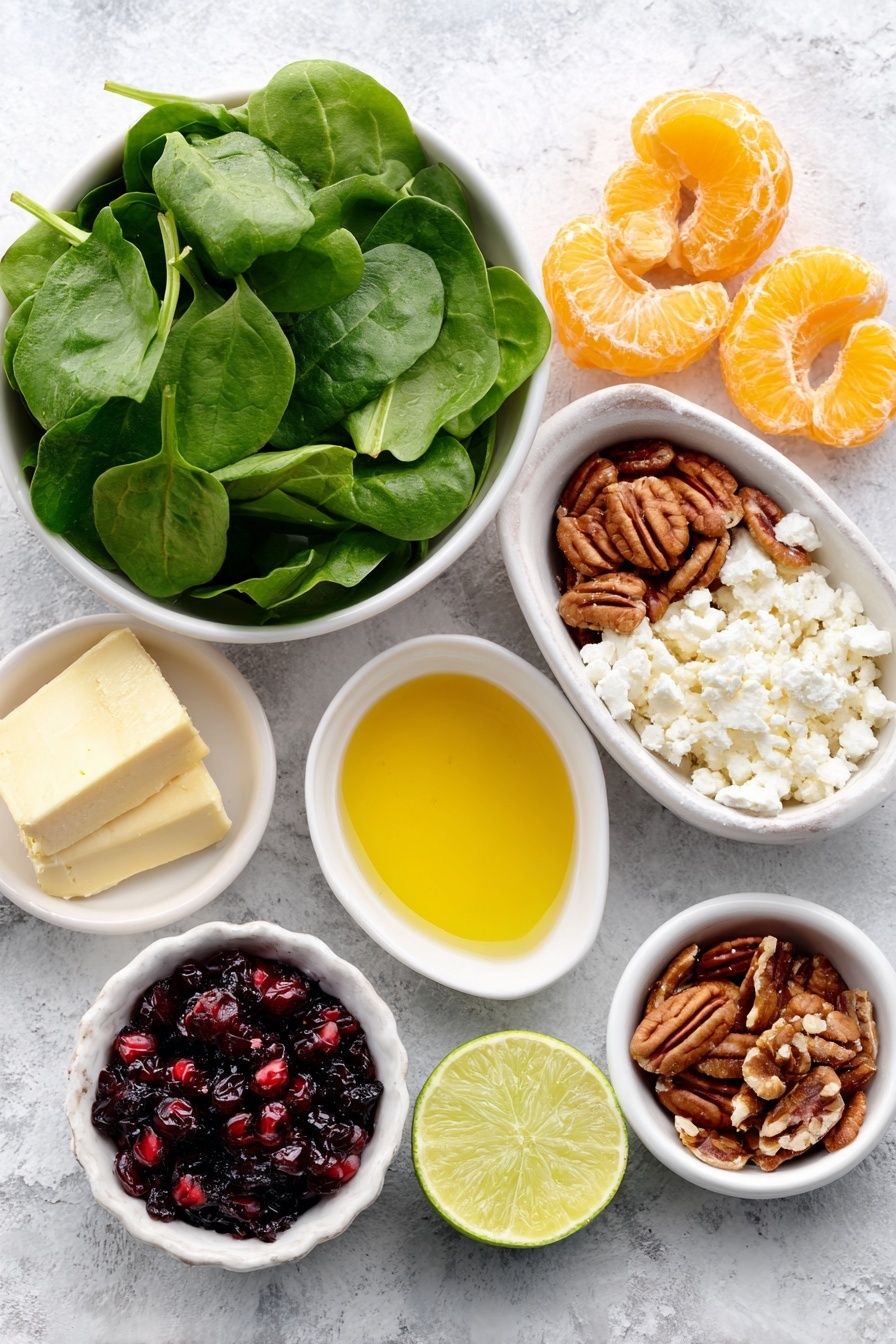 Flat lay of fresh baby spinach leaves, toasted pecan halves with a few chopped pieces, dried cranberries scattered naturally, three peeled and segmented mandarin oranges, crumbled goat cheese in a small white ceramic bowl, bright red pomegranate arils in another small white bowl, a small white bowl of golden extra virgin olive oil, a small white bowl with smooth Dijon mustard, a small white bowl of shiny honey, and a whole fresh lime cut in half showing juicy flesh placed on a clean white marble surface, soft natural light, photo taken with an iPhone, professional food photography style, fresh ingredients, white ceramic bowls, no bottles, no duplicates, no utensils, no packaging --ar 2:3 --v 7 --p m7354615311229779997