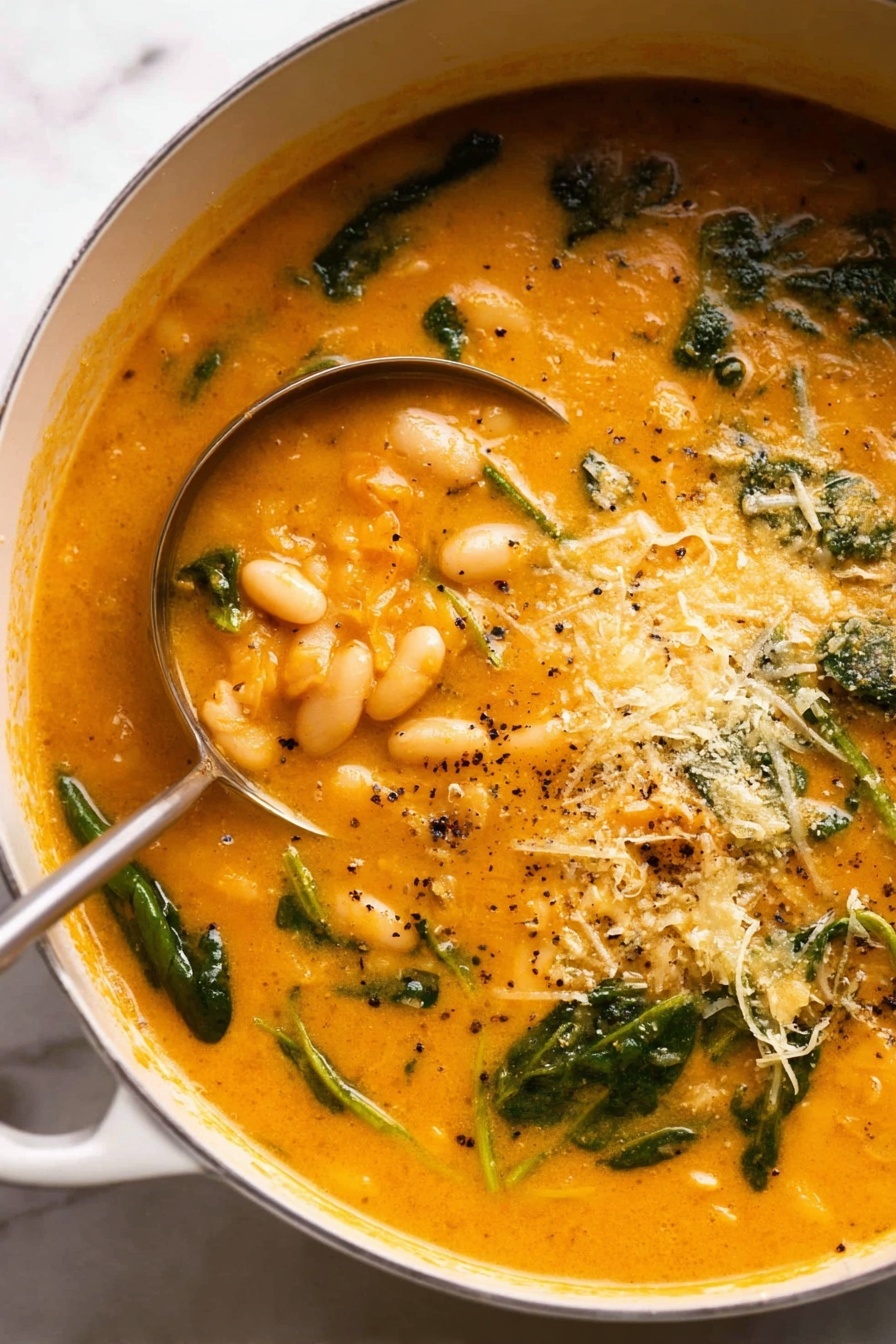 A close-up view of a white pot filled with thick orange soup that has a smooth, creamy texture. The soup is mixed with white beans and leafy green vegetables scattered evenly in the liquid. On top, there is a generous layer of grated yellow cheese sprinkled with black pepper, slightly melting into the warm soup. A metal ladle is partially submerged in the soup on the left side of the pot. The pot sits on a white marbled surface. photo taken with an iphone --ar 2:3 --v 7