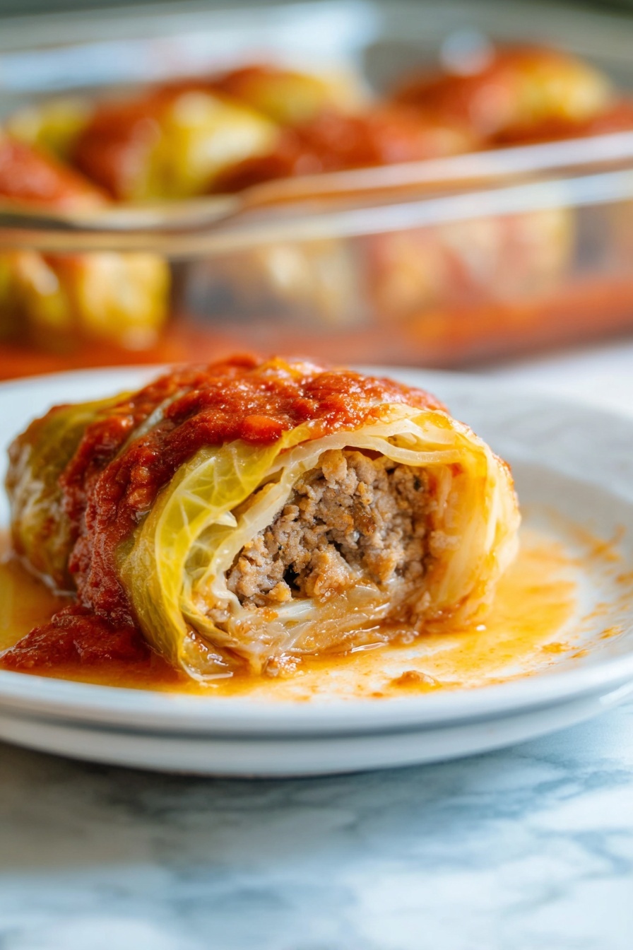 The image shows two rolled cabbage leaves stuffed and covered with a thick red tomato sauce on a white plate with light grey lines. The stuffed cabbage rolls are yellowish-green with a soft texture, and the sauce on top is unevenly spread, showing a rough, chunky texture with a bright red-orange color. The plate sits on a white marbled surface. photo taken with an iphone --ar 2:3 --v 7