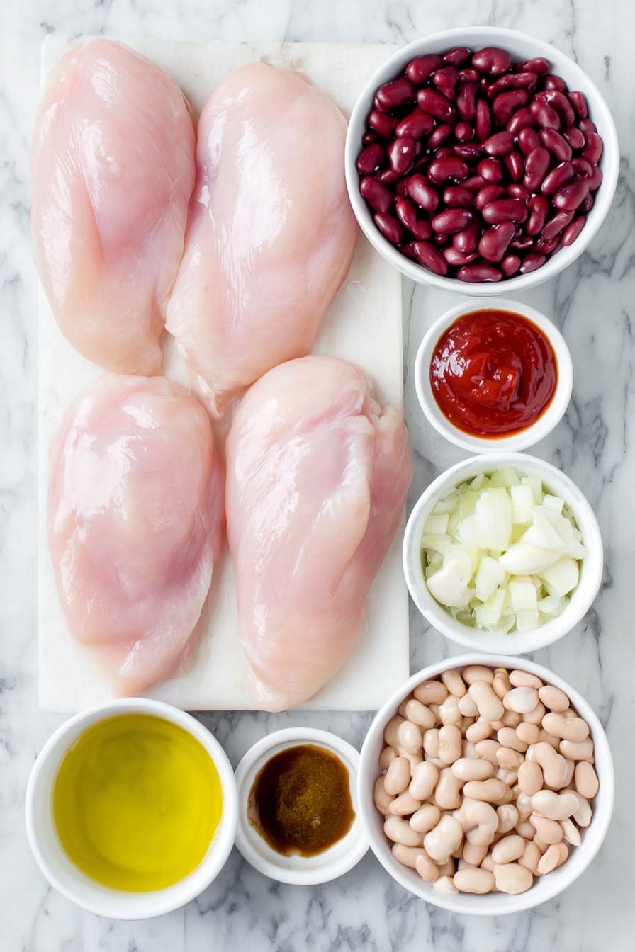 Flat lay of fresh raw chicken breasts, a small white ceramic bowl of golden olive oil, four peeled garlic cloves, a small diced white onion, a small white bowl filled with bright red ketchup, a small white bowl of rich brown sugar, a small white bowl containing amber apple cider vinegar, a small white bowl with deep brown Worcestershire sauce, a small white bowl of vibrant yellow mustard, three small white bowls each holding plump cannellini beans, kidney beans, and pinto beans in their cooking liquid, a small white bowl filled with mild diced green chilies, a small white bowl of dark mesquite liquid smoke, small white bowls arranged with reddish chili powder, pale ground cumin, smoky paprika, fine salt, and ground black pepper, a small white bowl with light golden chicken broth mixed with white cornstarch -- all ingredients arranged symmetrically on a clean white marble surface, soft natural light, photo taken with an iPhone, professional food photography style, fresh ingredients, white ceramic bowls, no bottles, no duplicates, no utensils, no packaging --ar 2:3 --v 7 --p m7354615311229779997