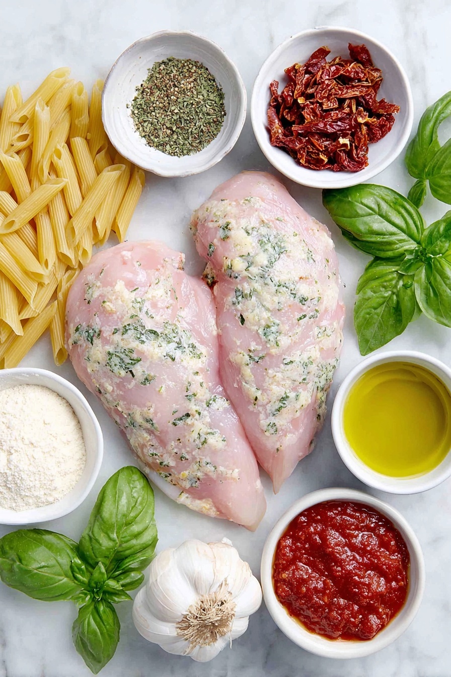 Flat lay of two medium raw chicken breasts with smooth skin, a small pile of mixed ground spices (salt, black pepper, onion powder, garlic powder, paprika) neatly arranged, a few small fresh shallots whole and unpeeled, several cloves of fresh garlic unpeeled, a handful of vibrant sun-dried tomatoes roughly chopped, a bundle of uncooked penne pasta with smooth edges, a small mound of freshly grated Parmesan cheese with fine texture, fresh green parsley and basil sprigs, a small white ceramic bowl with golden olive oil, another small white bowl with creamy half-and-half, a white bowl containing low-sodium chicken broth with pale golden tint, a white bowl with bright red tomato paste, a white bowl holding fine all-purpose flour, a white ceramic dish with crushed chicken bouillon powder, and a pinch of crushed red pepper flakes in a small white bowl — all arranged in perfect symmetry and realistic proportions, placed on a clean white marble surface, soft natural light, photo taken with an iPhone, professional food photography style, fresh ingredients, white ceramic bowls, no bottles, no duplicates, no utensils, no packaging --ar 2:3 --v 7 --p m7354615311229779997