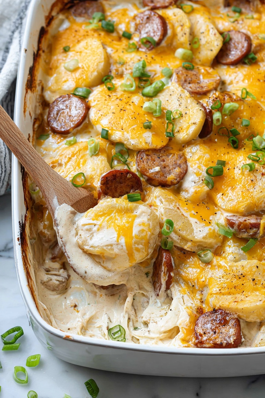 A white baking dish filled with a layered casserole showing several layers of round, creamy white potato slices mixed with browned sausage rounds scattered throughout. The top is covered with melted yellow and white shredded cheese and sprinkled with finely chopped green onions. Some parts of the edges are browned from baking. A dark wooden spoon rests inside the dish lifting some of the casserole from the corner. The dish is placed on a white marbled surface with a small bowl of green onions nearby. Photo taken with an iphone --ar 2:3 --v 7