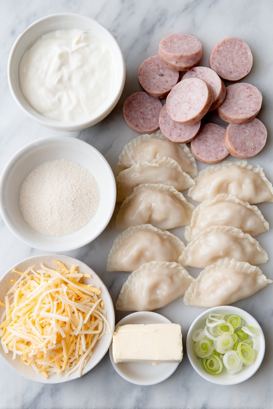 Flat lay of sliced kielbasa sausage rounds arranged neatly, several uncooked pierogies with delicate crimped edges, a block of cream cheese with a smooth surface, a small white bowl filled with sour cream, a small white bowl containing clear chicken broth, a small white bowl of fine white onion powder, a small white bowl of pale garlic powder, a small white bowl of fine salt crystals, a small white bowl of cracked black pepper, a small pile of shredded sharp cheddar cheese, a small pile of shredded mozzarella cheese, and a few bright green sliced green onion rings scattered delicately, all placed on a clean white marble surface, soft natural light, photo taken with an iPhone, professional food photography style, fresh ingredients, white ceramic bowls, no bottles, no duplicates, no utensils, no packaging --ar 2:3 --v 7 --p m7354615311229779997