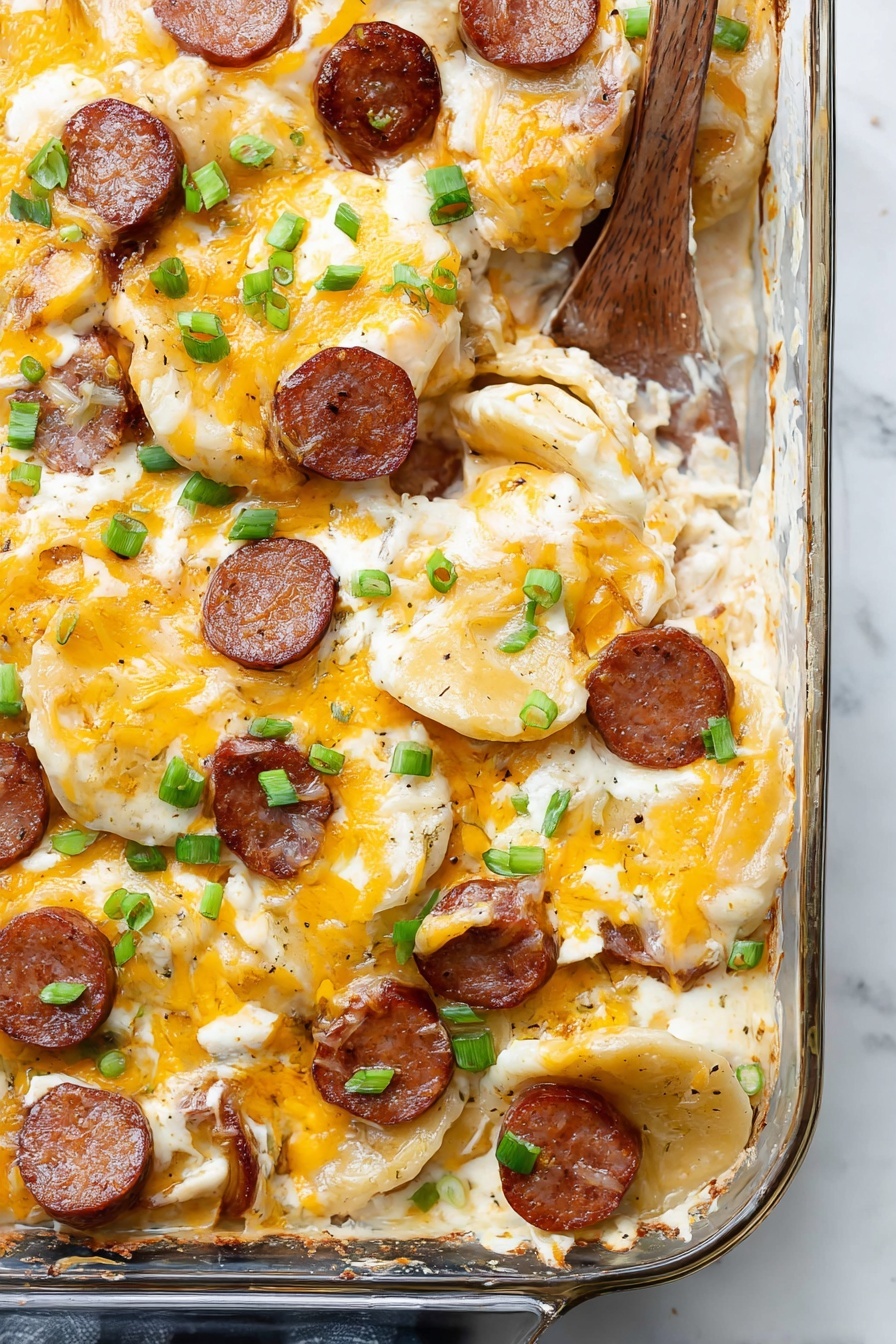 The dish is a layered casserole in a white baking dish showing a top layer of melted yellow and white cheese, sprinkled with green chopped scallions. Under the cheese, there are thin slices of browned sausage visible, mixed among layers of round, soft-looking white potato slices with a creamy texture. The edges of the dish show some browned, slightly crispy baked cheese and sauce. A wooden spatula is lifting a portion, revealing thick layers of potatoes, sausage, cheese, and sauce stacked inside. The background is a white marbled surface with a small bowl of green salad on the side. Photo taken with an iphone --ar 2:3 --v 7