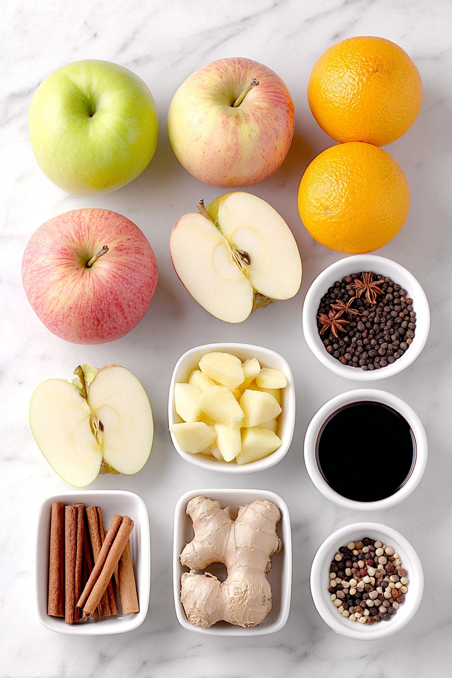 Flat lay of a variety of fresh quartered apples with peels and seeds visible including Granny Smith, Fuji, Honeycrisp, and Gala, two large peeled quartered ripe oranges, four whole cinnamon sticks, a small white ceramic bowl filled with whole cloves, a piece of peeled fresh ginger root, one whole star anise, one whole nutmeg, a small white ceramic bowl with whole allspice berries, a small white ceramic bowl with whole black peppercorns, a small white ceramic bowl of pure maple syrup, a small white ceramic bowl of water, and a small white ceramic bowl of pure vanilla extract, all arranged in perfect symmetry on a clean white marble surface, soft natural light, photo taken with an iPhone, professional food photography style, fresh ingredients, white ceramic bowls, no bottles, no duplicates, no utensils, no packaging --ar 2:3 --v 7 --p m7354615311229779997