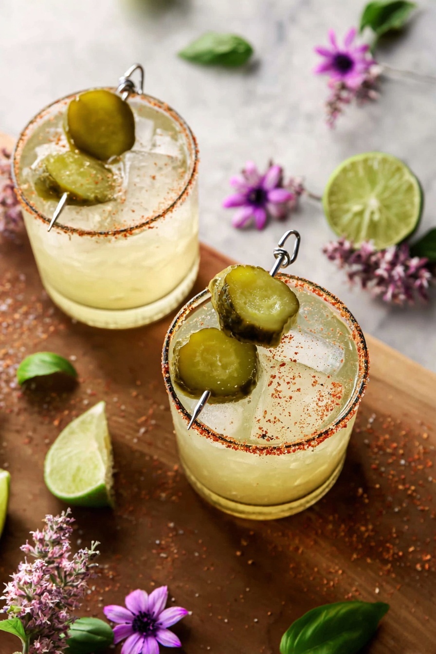 Two clear glasses filled with a light yellow drink and large ice cubes are placed on a wooden surface. Each glass has a rim coated in reddish seasoning. On top of each drink, two small green pickles are skewered on a silver stick, lying across the glass. Around the glasses, there are scattered green basil leaves, purple-pink flowers, slices of lime, and a sprinkle of the reddish seasoning. The background is changed to a white marbled texture. photo taken with an iphone --ar 2:3 --v 7