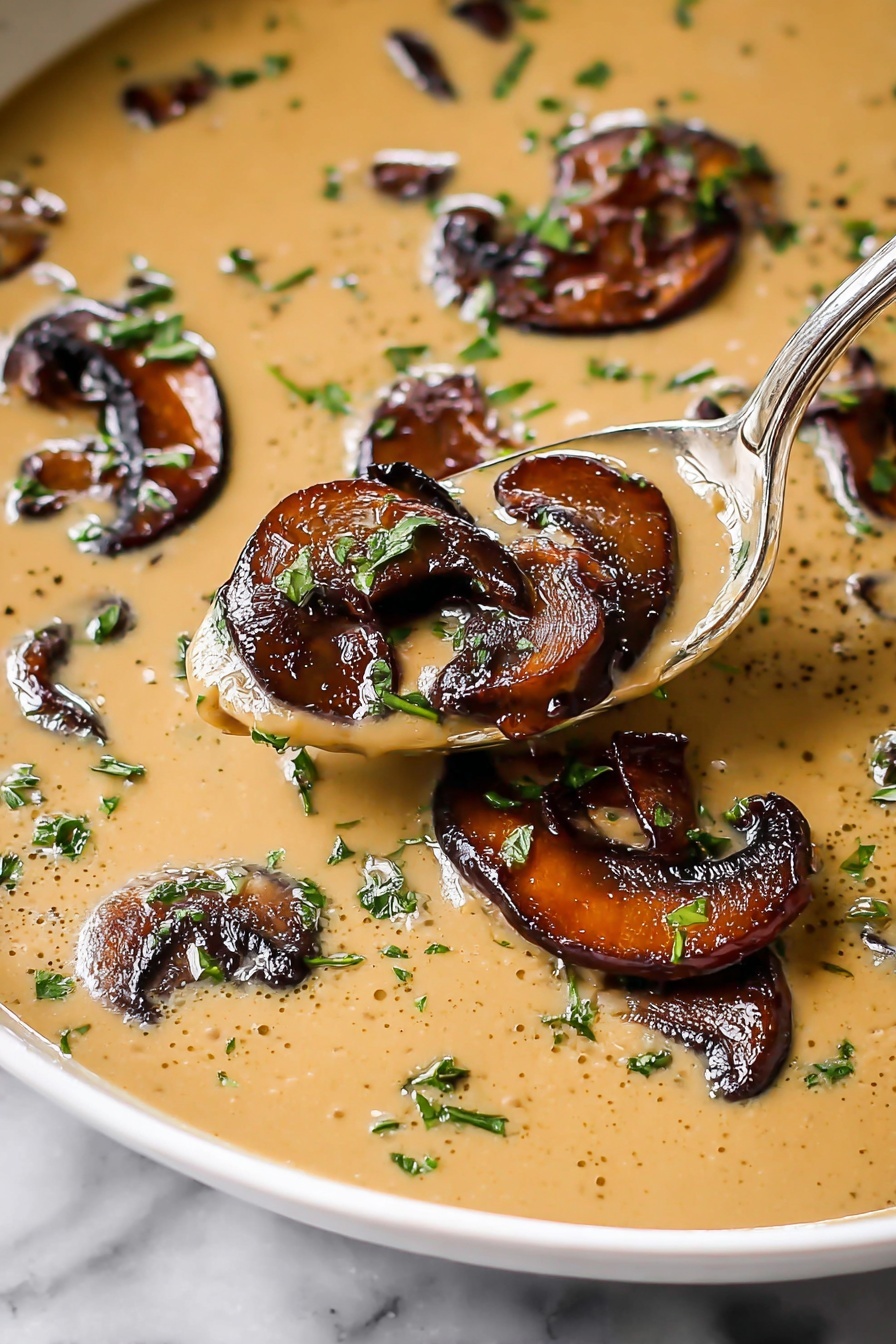 The image shows a shallow white bowl filled with creamy, light brown soup. On top of the soup, there are several groups of cooked dark brown mushroom slices that have a shiny, slightly glossy texture. The mushrooms are scattered unevenly across the surface, with a few concentrated in the center. Sprinkled over the soup and mushrooms are small pieces of bright green fresh herbs, adding a lively color contrast. A spoon with a metallic surface lifts a portion of the soup along with some mushrooms, showing the smooth and thick texture of the soup. The background is a white marbled surface. photo taken with an iphone --ar 2:3 --v 7