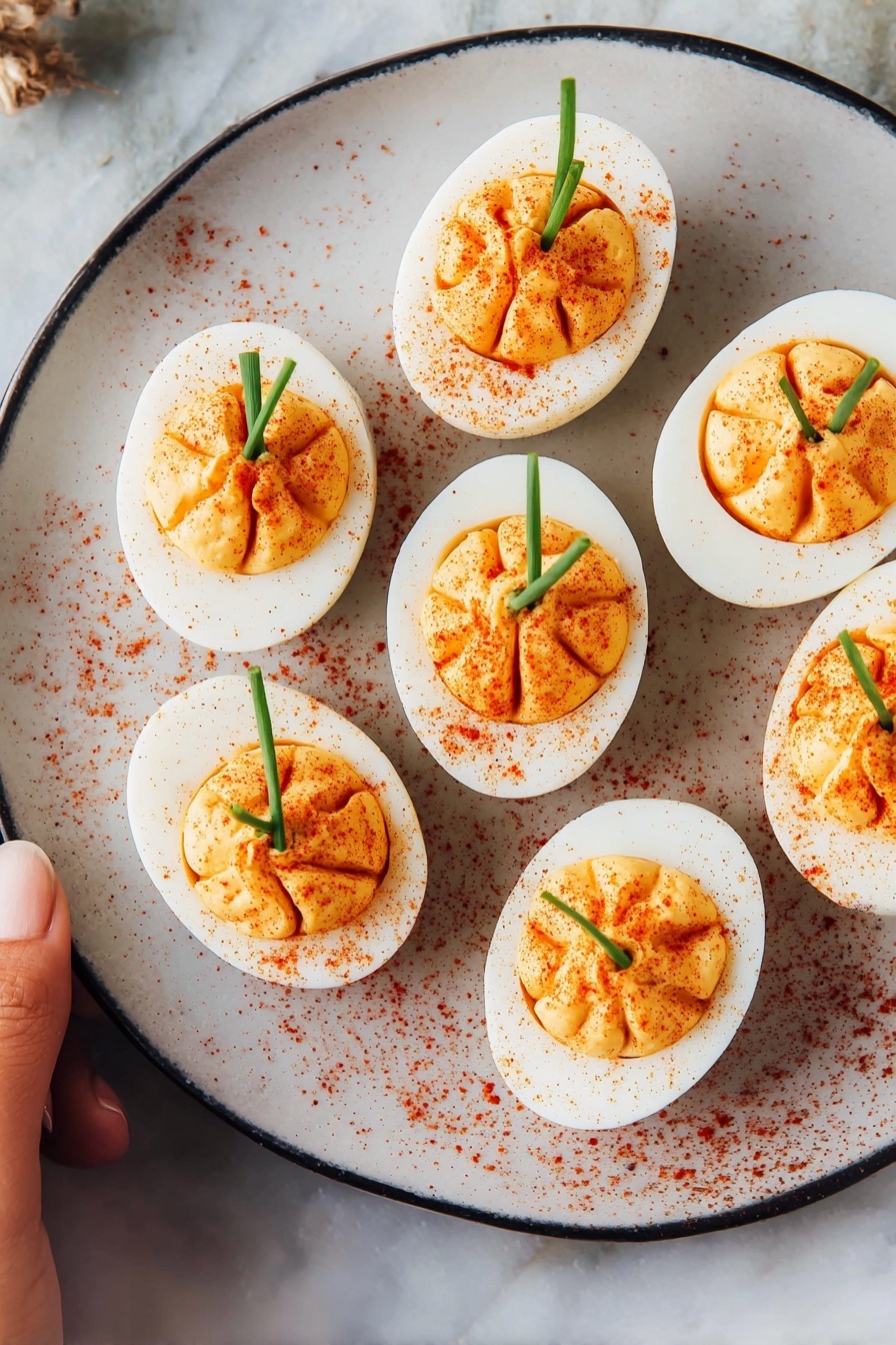A white plate on a white marbled surface holds six deviled eggs, each with a smooth white egg white base topped with a creamy, light yellow-orange filling that has a slightly textured surface. The filling is shaped in a rounded mound with two small lines drawn down its center to create a ridged look. A small green chive stem sticks out from the top of each filling, resembling a pumpkin stem. The eggs and plate are sprinkled with bright orange-red paprika powder, adding a soft dusting of color around and on the eggs. Photo taken with an iphone --ar 2:3 --v 7