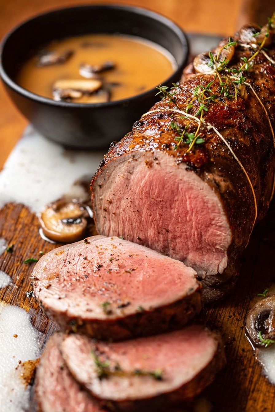 A long, roasted piece of meat tied with string sits on a wooden board with a white marbled texture underneath. It is sliced into four thick pieces, showing a pink inside and a dark brown seasoned crust. Small green herb sprigs are scattered on the meat. To the left, there is a black bowl filled with light brown sauce that has mushrooms visible in it. The background is softly blurred, highlighting the meat and sauce in the front. photo taken with an iphone --ar 2:3 --v 7