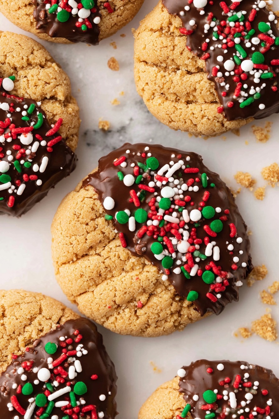 The image shows several round, light brown cookies with a rough texture arranged closely on a white marbled surface. Each cookie is half covered with smooth, dark chocolate on top, and the chocolate is decorated with colorful sprinkles in red, white, green, and yellow. Some sprinkles are round flat dots, while others are small sticks. The cookies overlap slightly, and some crumbs are scattered around them. photo taken with an iphone --ar 2:3 --v 7