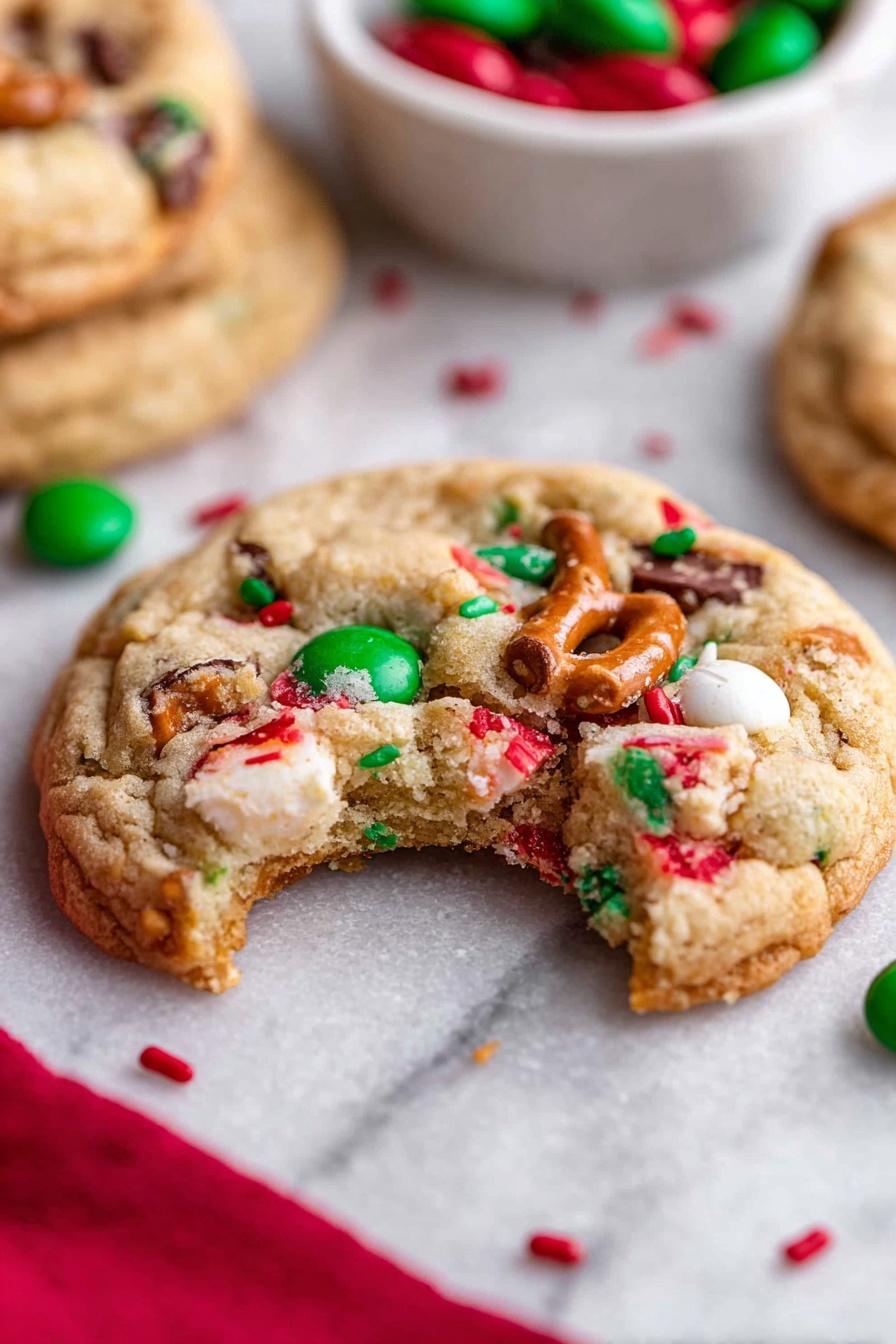 A close-up view of a soft cookie on a white marbled surface with visible colorful layers including red, green, and white candy pieces mixed inside the light golden brown dough. The cookie has a bite taken out of the right side, showing a soft, slightly crumbly texture inside. On the cookie’s surface, there are small red and green sprinkles and chunks of pretzel adding a crunchy texture. Another whole cookie is blurred in the background, along with scattered red and green candies in a small white bowl. A bright red cloth is partially visible in the lower left corner. photo taken with an iphone --ar 2:3 --v 7