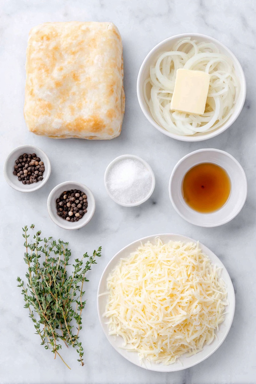 Flat lay of a sheet of golden thawed puff pastry, a white ceramic bowl of thinly sliced sweet onions, a small pat of salted butter on a white plate, a tiny white bowl with granulated sugar, a small white bowl with whole black peppercorns, a small white bowl containing amber dry sherry, a mound of shredded pale yellow gruyere cheese on a white plate, and a few fresh green thyme sprigs arranged neatly, all placed on a clean white marble surface, soft natural light, photo taken with an iPhone, professional food photography style, fresh ingredients, white ceramic bowls, no bottles, no duplicates, no utensils, no packaging --ar 2:3 --v 7 --p m7354615311229779997