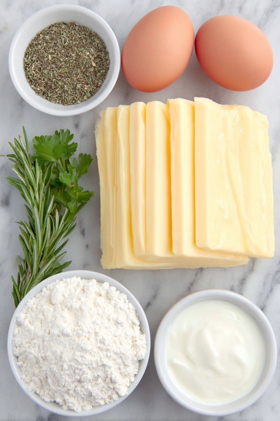 Flat lay of a block of cheddar cheese sliced into thin ribbons of varying widths, two whole uncracked brown eggs, a small bunch of fresh rosemary sprigs, fresh parsley leaves scattered loosely, two whole fresh garlic cloves, a small white ceramic bowl of extra virgin olive oil, a small white ceramic bowl of plain Greek yogurt, a small white ceramic bowl of full-fat milk, a small white ceramic bowl of plain all-purpose flour, a small white ceramic bowl of coarse kosher salt, a small white ceramic bowl of dried oregano and dried thyme mixed together, and a small white ceramic bowl of melted unsalted butter, all arranged in perfect symmetry on a clean white marble surface, soft natural light, photo taken with an iPhone, professional food photography style, fresh ingredients, white ceramic bowls, no bottles, no duplicates, no utensils, no packaging --ar 2:3 --v 7 --p m7354615311229779997