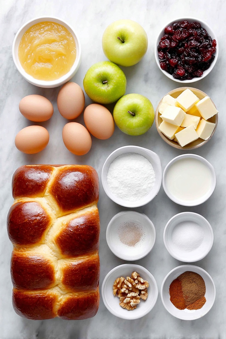 Flat lay of a loaf of brioche bread with golden crust cut into cubes, three peeled and chopped green Granny Smith apples, a small pile of chopped walnuts, a handful of deep red dried cranberries, five whole brown eggs with clean shells, one small white ceramic bowl of smooth applesauce, one small white ceramic bowl of granulated white sugar, one small white ceramic bowl of packed brown sugar, one small white ceramic bowl of fresh milk, one small white ceramic bowl of heavy cream, a small white ceramic bowl containing ground cinnamon, and smaller white ceramic bowls each holding ground nutmeg, ground ginger, ground cloves, ground cardamom, and salt, a few cubes of pale yellow Danish Creamery butter arranged neatly, all ingredients arranged symmetrically and balanced on a clean white marble surface, soft natural light, photo taken with an iPhone, professional food photography style, fresh ingredients, white ceramic bowls, no bottles, no duplicates, no utensils, no packaging --ar 2:3 --v 7 --p m7354615311229779997