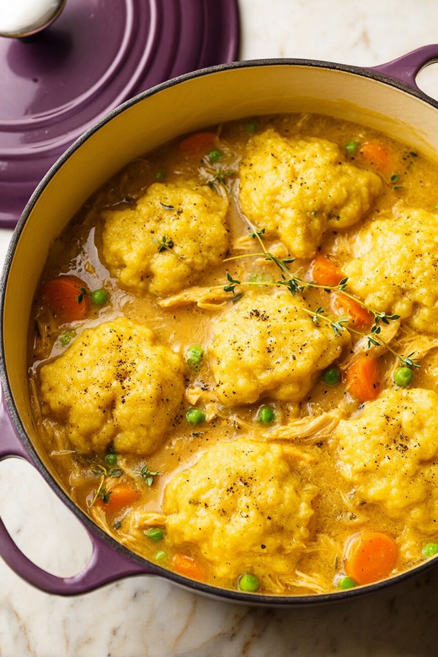 A deep white pot filled with a thick stew, showing seven large, fluffy yellow dumplings floating on top. The stew underneath is a golden orange color with visible small pieces of shredded chicken, bright green peas, and round slices of orange carrots. Tiny green herb sprigs are scattered across the surface, and the stew looks creamy with specks of black pepper. The pot has a purple outside with a lid placed slightly to the side, and the whole scene rests on a white marbled surface. photo taken with an iphone --ar 2:3 --v 7