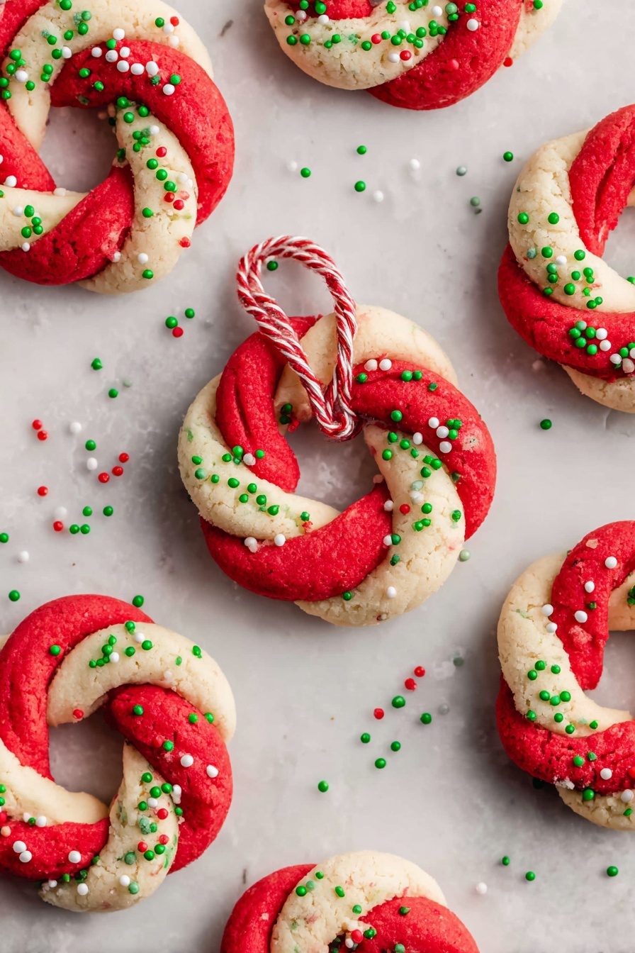 The image shows round cookies shaped like wreaths with two swirled layers, one red and one white. Each cookie has small round red, green, and white sprinkles scattered on top, giving a festive look. The cookies are placed on a white marbled surface, with some sprinkles spread around them. One cookie in the front is tied with a red and white striped string through its center hole, adding a decorative touch. The texture of the cookies looks soft and slightly crumbly. photo taken with an iphone --ar 2:3 --v 7