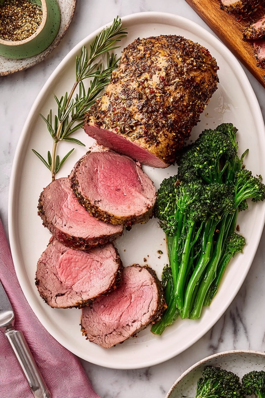 The image shows a white oval plate with a cut of roasted beef tenderloin, partially sliced into thick pieces. The beef has a herb and spice crust, showing a pink, juicy inside with darker, browned edges. On the left side of the plate, there is a small bunch of bright green cooked broccolini placed neatly beside the meat. The plate sits on a surface with a white marbled texture, and part of a wooden board and small green bowl with seasoning can be seen nearby, along with sprigs of rosemary and a folded pink cloth under a metal meat fork. Photo taken with an iphone --ar 2:3 --v 7