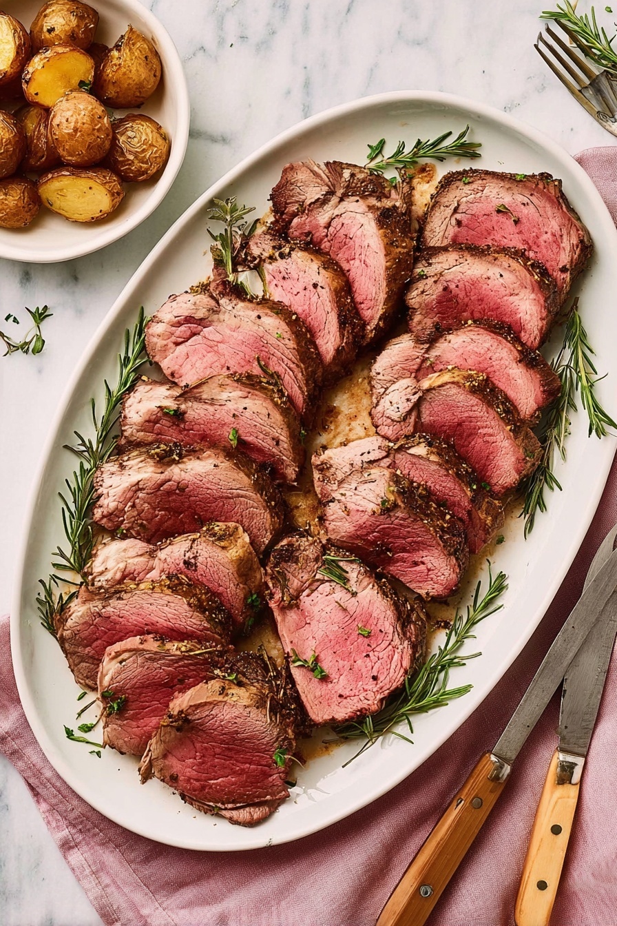 The image shows a white oval plate filled with thick slices of cooked beef arranged in overlapping layers, displaying a pinkish-red center with browned, herb-coated edges. Sprigs of fresh green rosemary are placed among the beef slices, adding color contrast. To the top left, there is a white bowl with small brown roasted potatoes. At the bottom right of the plate, a wooden-handled carving fork and knife rest on a soft pink cloth on a white marbled surface. Photo taken with an iphone --ar 2:3 --v 7