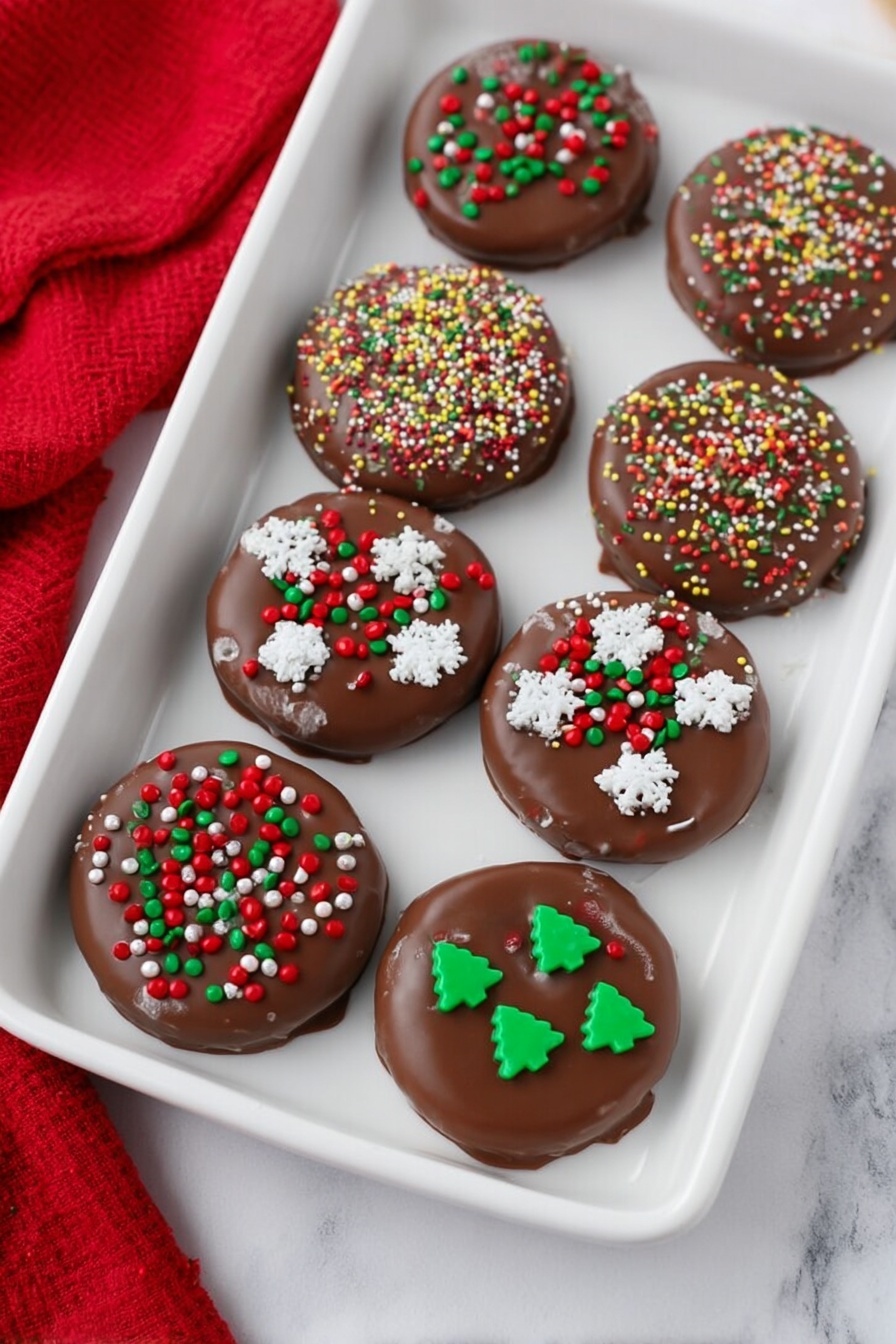 There are nine round chocolate-covered cookies placed on a white tray. Each cookie has a smooth, glossy milk chocolate layer on top. The cookies are decorated with colorful sprinkles and small festive candies: tiny red and green beads, white snowflakes, and green Christmas tree shapes, all arranged on each cookie with different patterns. The tray lies on a white marbled surface, with a red cloth partially visible on the left side. photo taken with an iphone --ar 2:3 --v 7