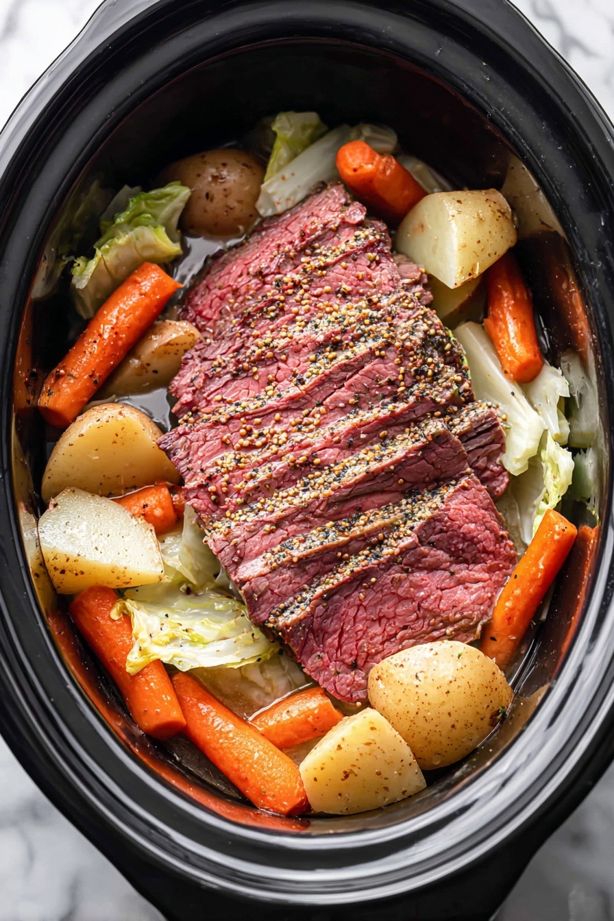 The image shows a dish with five thick slices of pink roast beef covered in mustard seeds and herbs, placed in the middle. Below and around the beef, there are several pieces of orange baby carrots, light yellow potato chunks, and soft cabbage leaves. All the ingredients are inside a black slow cooker bowl. The background has a white marbled texture. photo taken with an iphone --ar 2:3 --v 7