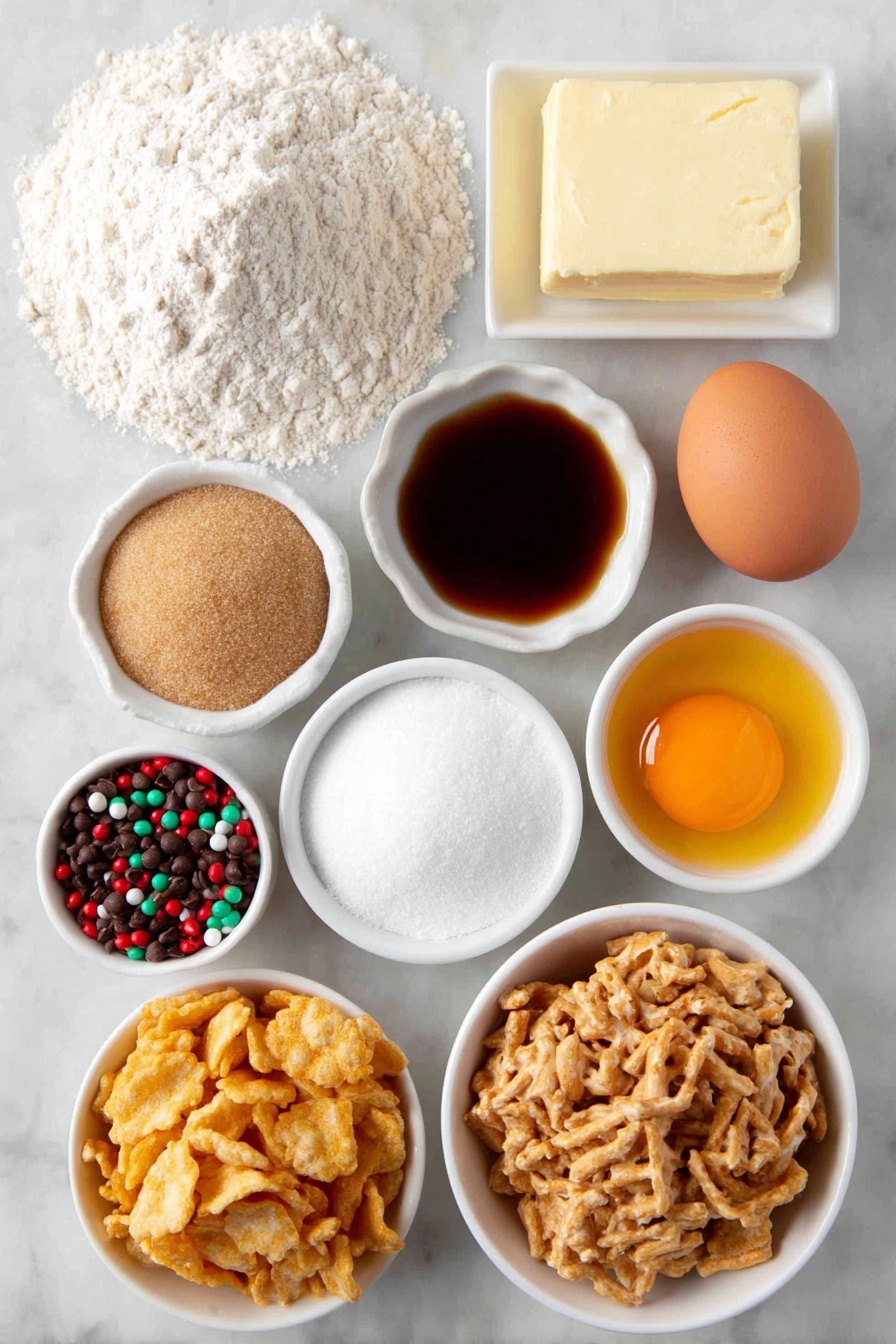 Flat lay of a small mound of all-purpose flour, a teaspoon of white baking soda powder, a tablespoon of fine white cornstarch, a pinch of salt crystals, a thick slab of pale unsalted butter, a small heap of packed light brown sugar, a small heap of white granulated sugar, one whole brown egg with a clean shell, one whole smaller brown egg yolk in a white ceramic bowl, a small white bowl filled with amber vanilla extract, a small white bowl of semi-sweet chocolate chips, a small white bowl with shiny red and green elongated holiday jimmies, a small pile of golden crushed potato chips, a small white bowl filled with broken pieces of pretzels, and a small white bowl of golden toffee bits, all placed on a clean white marble surface, soft natural light, photo taken with an iPhone, professional food photography style, fresh ingredients, white ceramic bowls, no bottles, no duplicates, no utensils, no packaging --ar 2:3 --v 7 --p m7354615311229779997