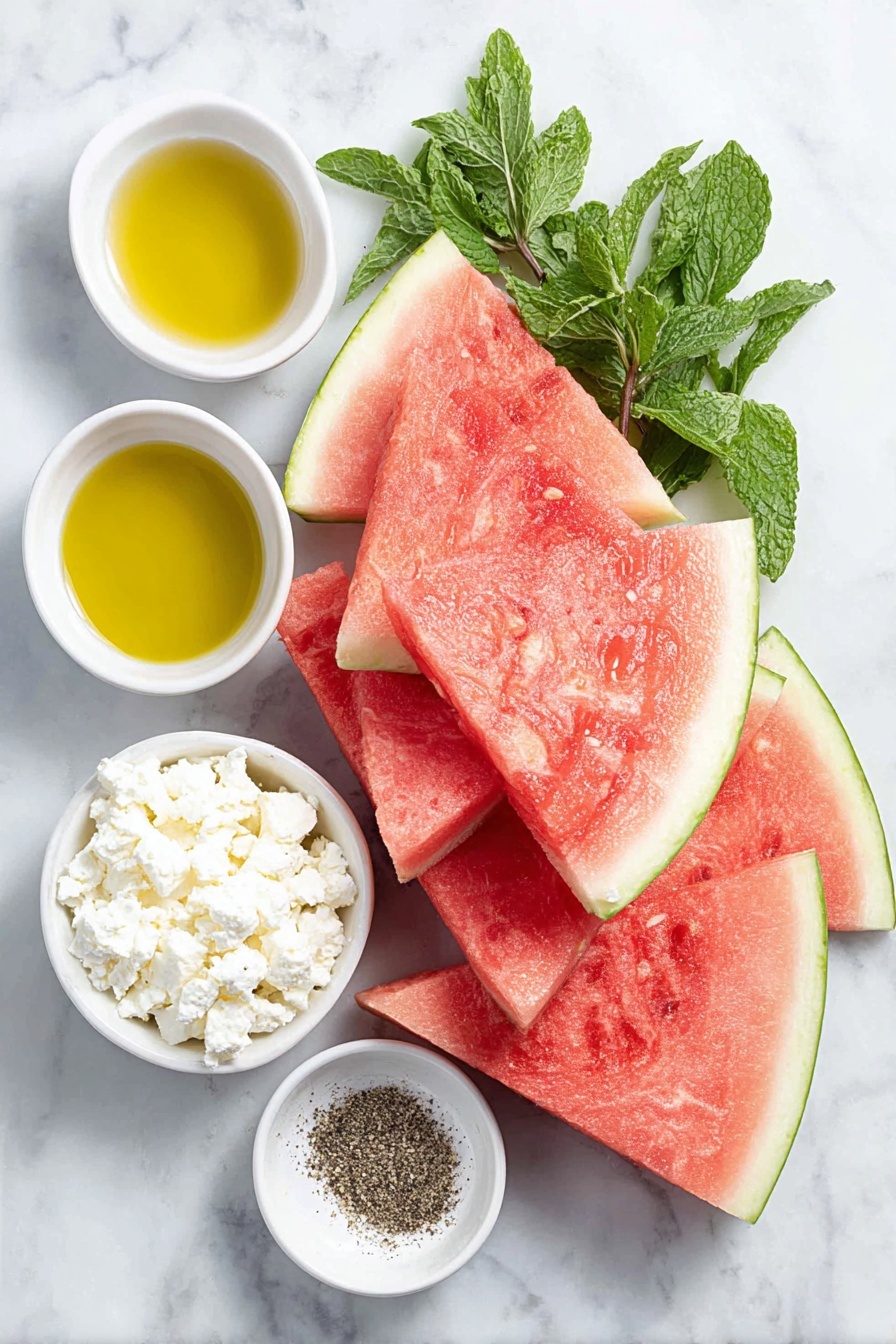 Flat lay of a large wedge of ripe watermelon with deep pink flesh and black seeds, a few bright green fresh mint sprigs, a small pile of roughly crumbled white Greek feta cheese, a small white ceramic bowl of golden extra virgin olive oil, a small white ceramic bowl of fresh lime juice, a small white ceramic bowl of amber honey, and a few whole uncracked brownish eggs arranged symmetrically, placed on a clean white marble surface, soft natural light, photo taken with an iPhone, professional food photography style, fresh ingredients, white ceramic bowls, no bottles, no duplicates, no utensils, no packaging --ar 2:3 --v 7 --p m7354615311229779997