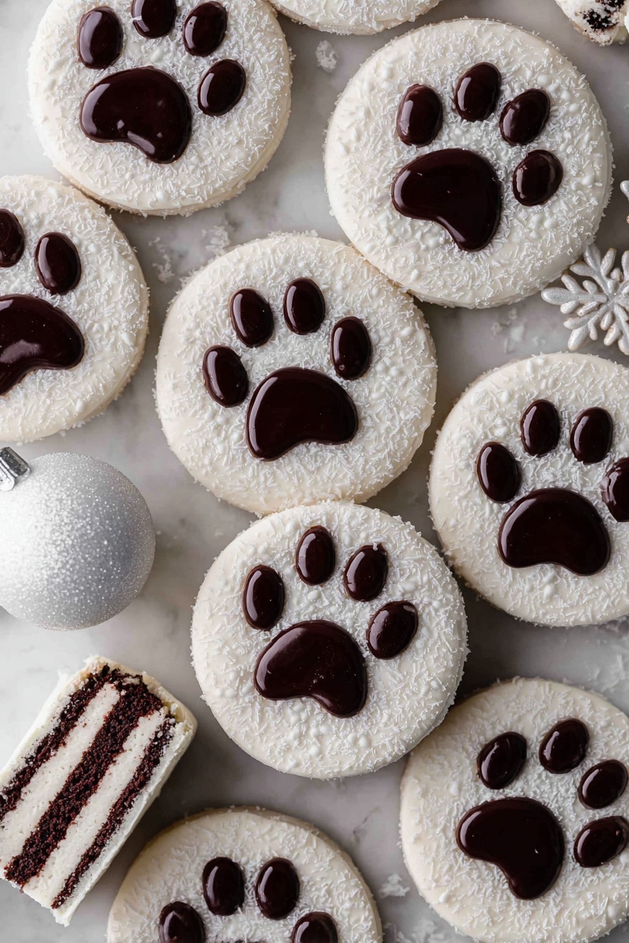The image shows many round white cookies decorated to look like paw prints, each cookie has one large dark brown circle in the center with four smaller dark brown circles around it, all on a white sugar-coated surface that looks like frost. One cookie is cut in half, showing four thin dark brown cake layers separated by white cream layers inside. The cookies are placed closely together on a white marbled texture surface with one small white Christmas ornament with a snowflake design resting among them. photo taken with an iphone --ar 2:3 --v 7