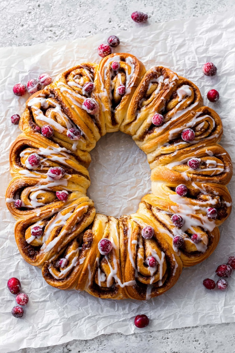 A round ring of cinnamon rolls is displayed on crinkled white parchment paper over a white marbled surface. The ring is made of multiple layered rolls with golden brown dough and dark cinnamon swirls inside, all arranged closely to form a wreath shape with an empty center. White icing is drizzled unevenly across the top of the rolls, adding a shiny texture, and small round red cranberries are scattered evenly over the whole wreath for a pop of color. The overall look is warm and festive, with the rolls slightly puffed and textured from baking, and the white marbled background adding a clean contrast. photo taken with an iphone --ar 2:3 --v 7
