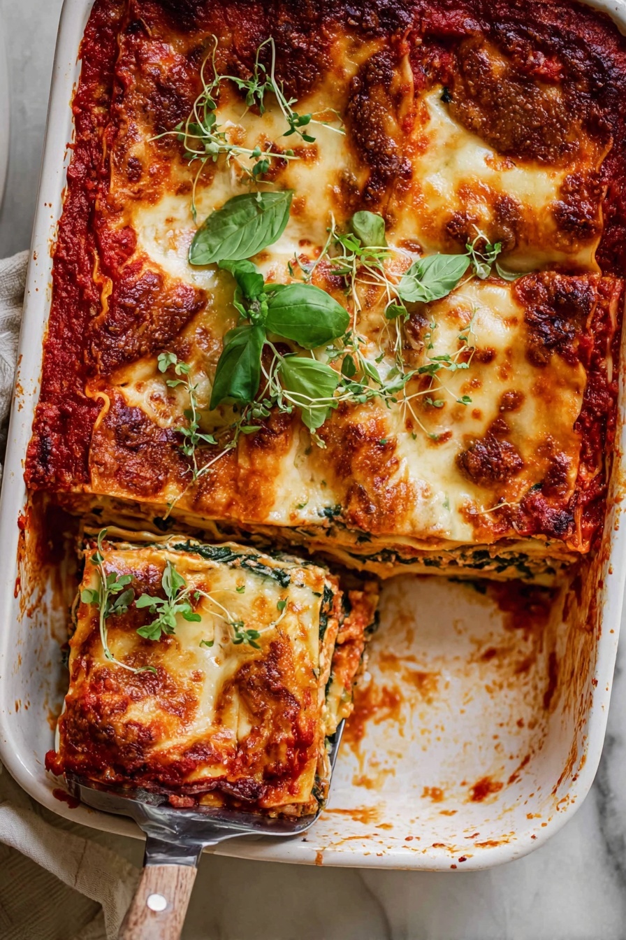 A white rectangular dish holds a baked lasagna with multiple layers visible on the cut piece: a top melted cheese layer with golden-brown spots, a rich red tomato sauce layer beneath, and beige pasta sheets layered with green spinach and a creamy layer inside. The top is decorated with fresh green basil leaves and small sprigs of herbs. A metal spatula with a wooden handle is placed under the cut portion, lifting it slightly. The dish sits on a white marbled surface with some tomato sauce stains around the edges. Photo taken with an iphone --ar 2:3 --v 7