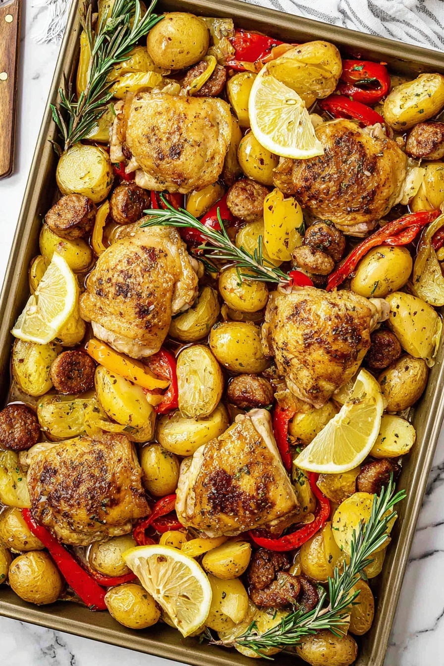 A baking tray filled with four golden brown cooked chicken thighs spread evenly across the tray. Surrounding the chicken are many yellow potato halves, roasted to a light brown color and crispy texture. Red bell pepper strips are placed between the chicken and potatoes, alongside small, round browned sausage pieces scattered all over. Bright lemon wedges sit on top and around the chicken pieces. A sprig of fresh rosemary lies diagonally across the tray. The tray rests on a white marbled surface. photo taken with an iphone --ar 2:3 --v 7