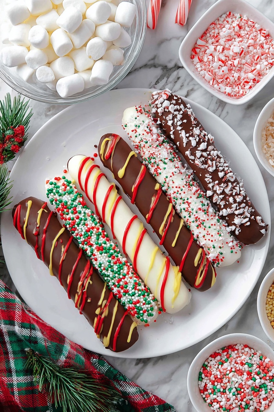 A close-up of a woman's hand holding a white chocolate-covered treat shaped like a stick. It is fully covered with small round red, green, and white sprinkles, giving it a festive look. The stick itself is bright red and white striped like a candy cane. In the background, there is a white plate with several other similar treats: some are covered with chocolate and white sprinkles, and others are covered with red and yellow swirled candy. Small bowls with more sprinkles and candy canes are also seen blurred behind the plate. The whole scene is set on a white marbled surface. photo taken with an iphone --ar 2:3 --v 7