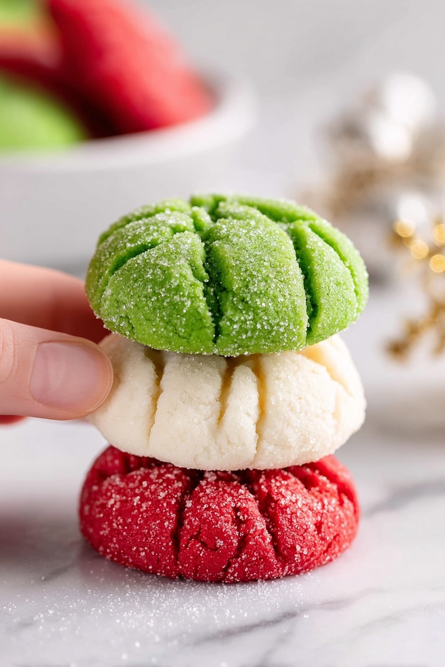 A white bowl filled with three kinds of small round cookies, each cookie having a ridged pattern on top. The cookies are stacked unevenly showing three colors: red, green, and white, with a light sugar dusting on top. Around the bowl are scattered cookies of the same colors and pattern, all placed on a white marbled surface. In the background, there are small decorative trees in green, gold, and white colors. Photo taken with an iphone --ar 2:3 --v 7