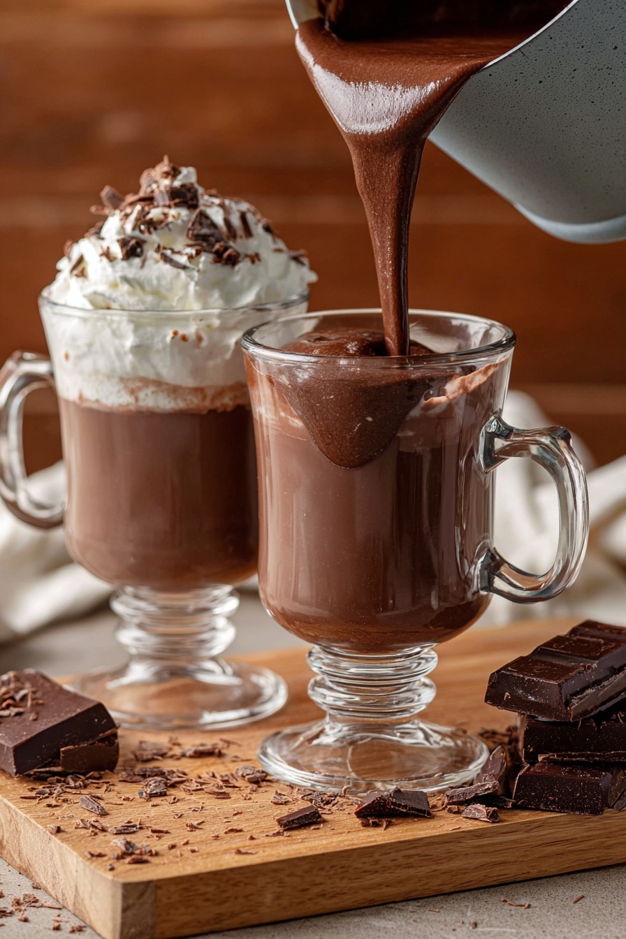 Two clear glass mugs with handles sit on a wooden board. The mug in the foreground is being filled with smooth, thick dark brown hot chocolate from a grey pot, with the liquid showing a glossy texture as it pours. The mug behind it is fully filled with hot chocolate and topped with a white layer of whipped cream sprinkled with dark chocolate shavings. Around the mugs on the wooden board are pieces of dark chocolate and small scattered chocolate shavings. The background is softly blurred with a warm, cozy wooden tone. photo taken with an iphone --ar 2:3 --v 7