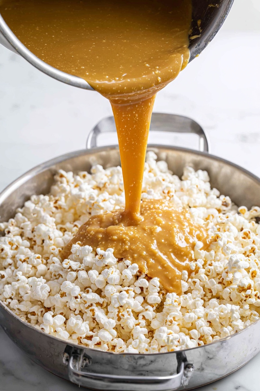Three clear plastic bags filled with golden brown caramel popcorn are arranged on a white marbled surface. Each bag is tightly sealed with a small green ribbon tied around the top, adorned with red berry decorations. Loose pieces of the popcorn sit scattered around the base of the bags. Behind the bags, there are festive decorations including green leaves, red berries, and pine cones, along with a white pot holding a red flower. The light shines warmly, highlighting the shiny texture of the caramel on the popcorn, with a soft, blurred background enhancing the festive feel. Photo taken with an iphone --ar 2:3 --v 7